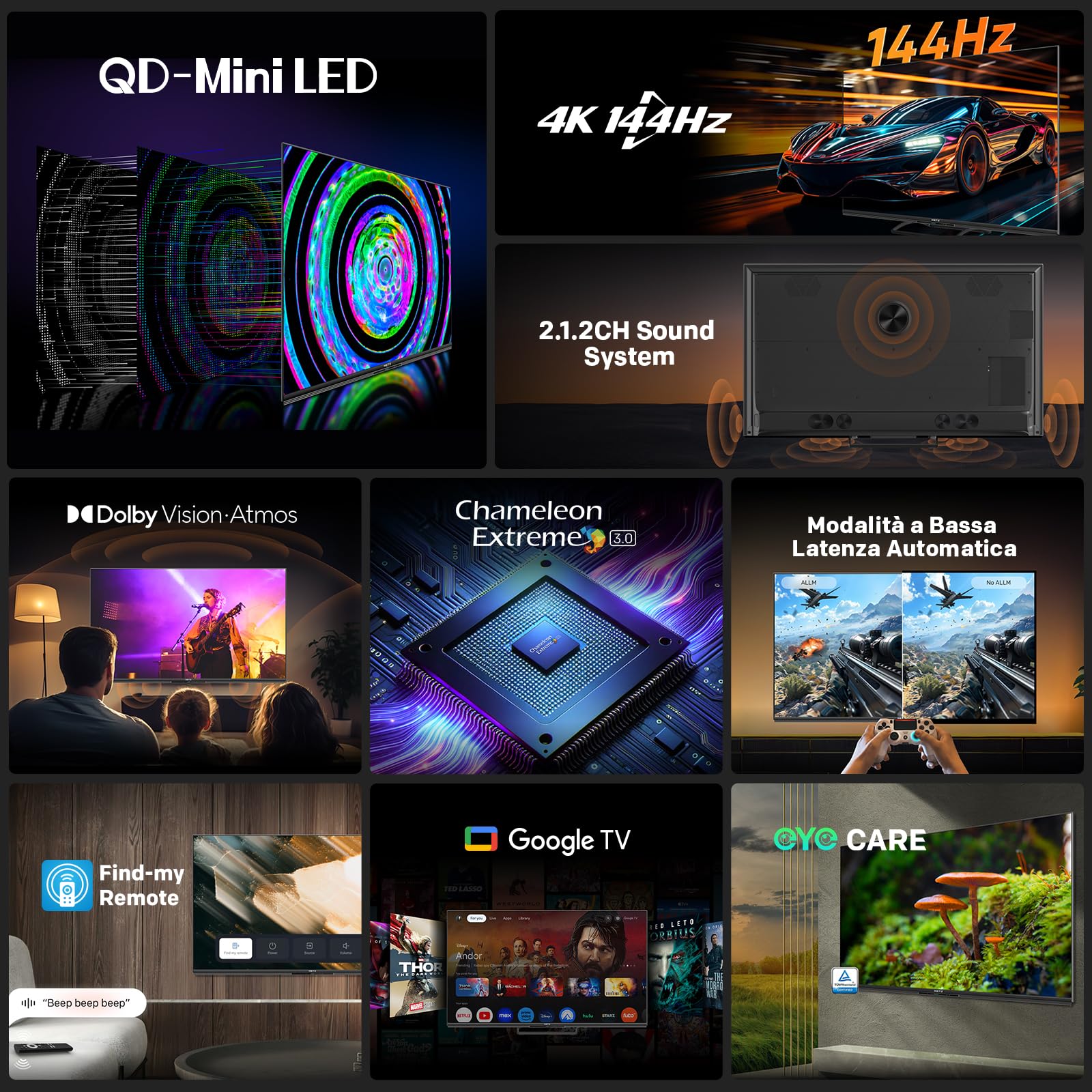 Metz TV QD-MiniLED 55 Pollici Smart TV MNE8000Z, 144hz, MEMC, Dolby Vision Atmos, HDR10, Freesync, VRR, ALLM, Googlecast,Tuner DVB-T/T2/C/S/S2/Analogico