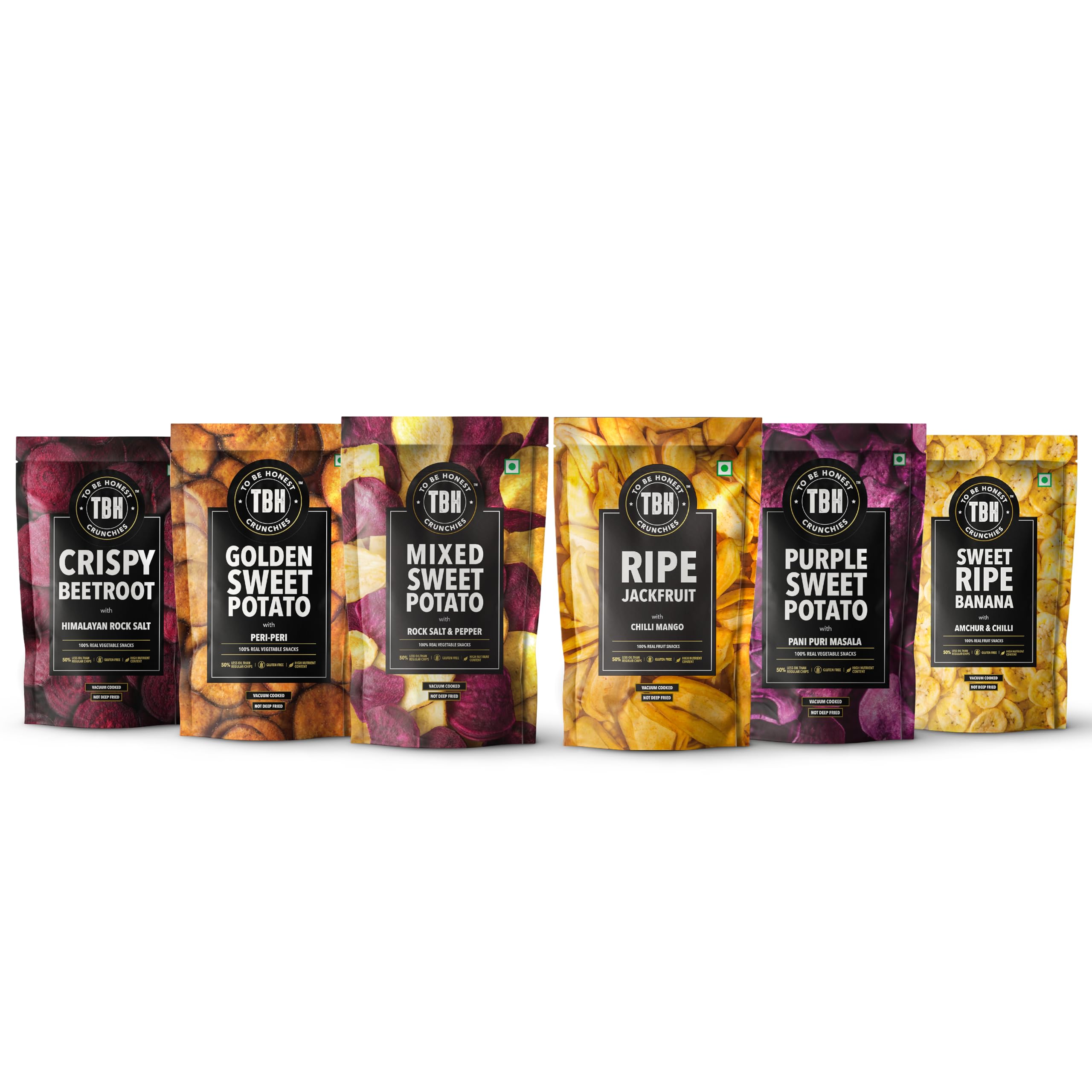 TBH - To Be Honest Vegetable Chips Crunchies | Beetroot, Sweet Ripe Banana, Jackfruit & Sweet Potato Chips | Gluten Free | Vegan Friendly Snack | Low Fat | 50% Less Oil - Pack of 6 - (375GM)