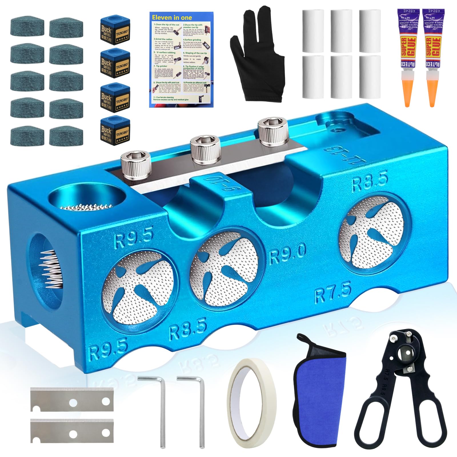 JAC HouseHold 11-in-1 Billiards Pool Cue Tips Shaper,Upgraded Aluminum Alloy Pool Cue Tips Replacement Kit Professional Cue Stick Tool,Pool Cue Accessories for Replacement and Shaping Cue Tips