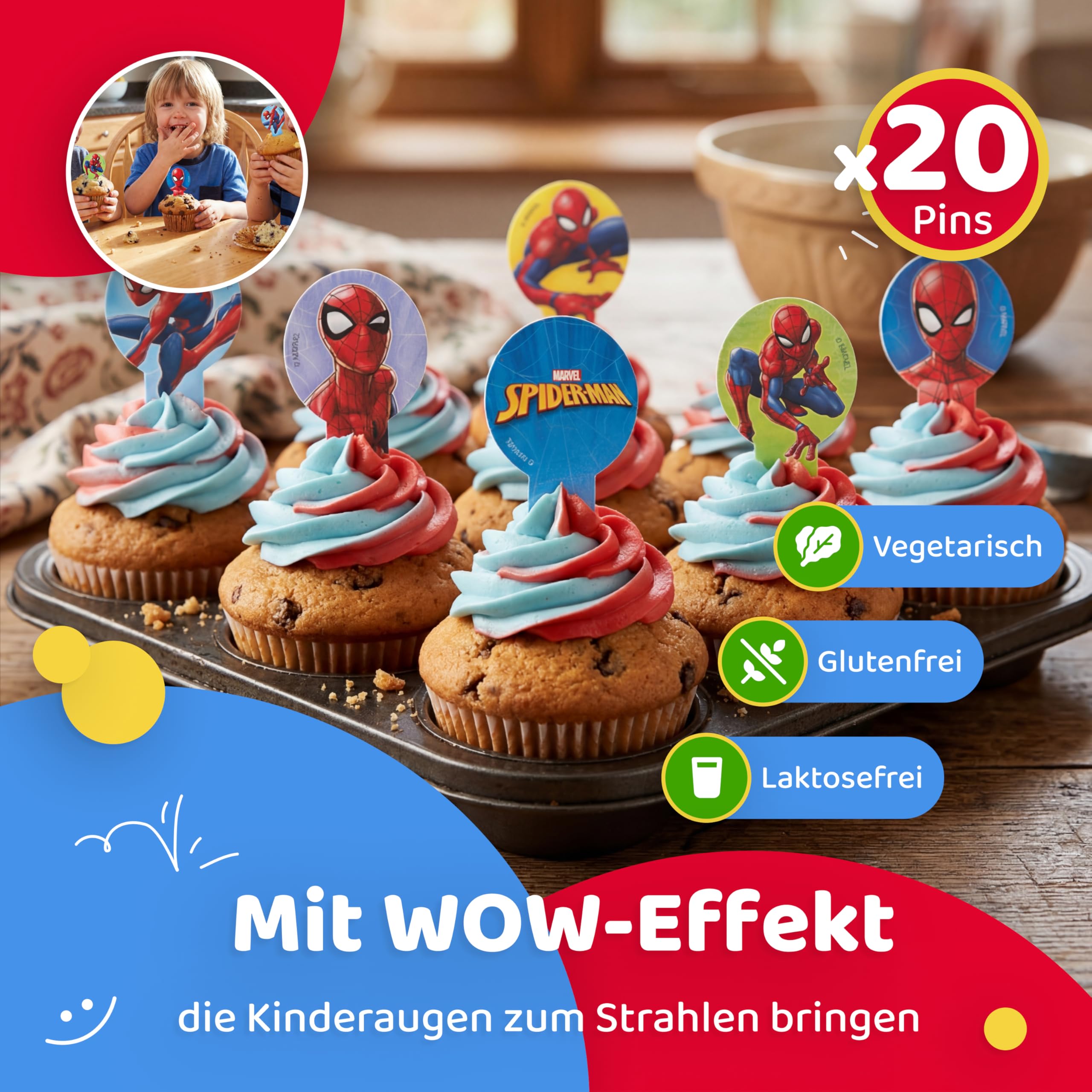 Spiderman zestaw 20 sztuk jadalnych wtyków + 25 x miseczek do muffinek, dekoracja tortów, urodziny dziecka, dekoracja muffinek, foremki do babeczek