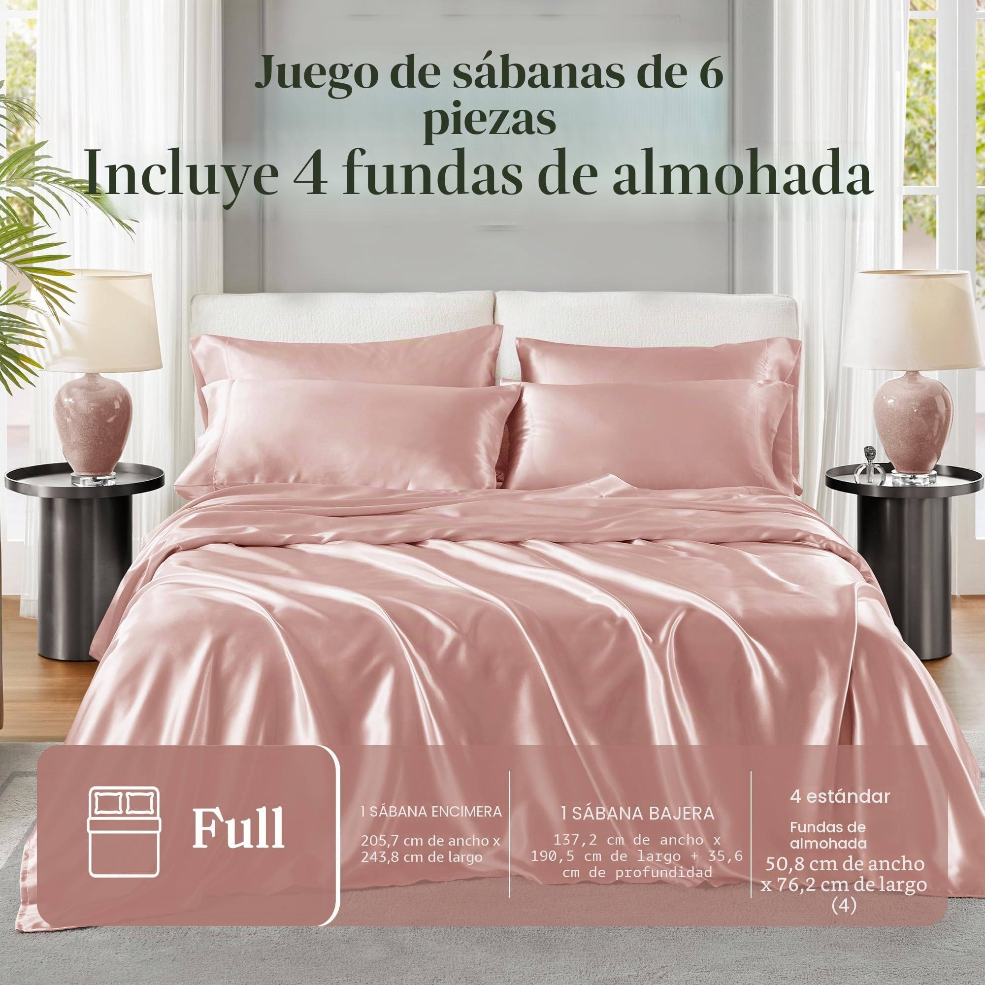 Madison Park Essentials - Juego de sábanas de satén Lujoso y Sedoso con Brillo Natural, Bolsillo Profundo de 16 Pulgadas de Profundidad, elástico en Todo el año, matrimonial, Rubor, 6 Piezas
