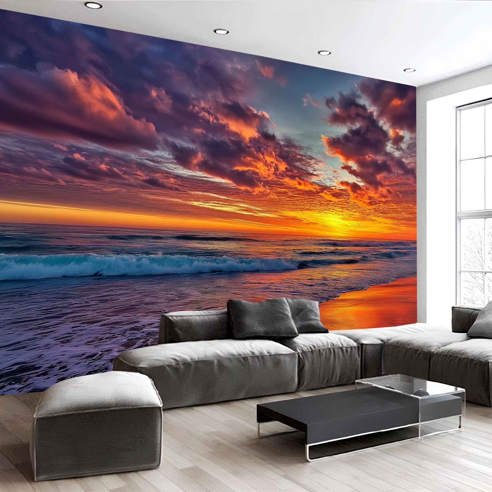 Murale da Parete 3D Paesaggio Del Tramonto Carta da Parati Fotografica,Blu Arancione Murale da Parete in Tessuto seta Poster Decorativo Tramonto Sul Mare Design 350×256cm per Soggiorno