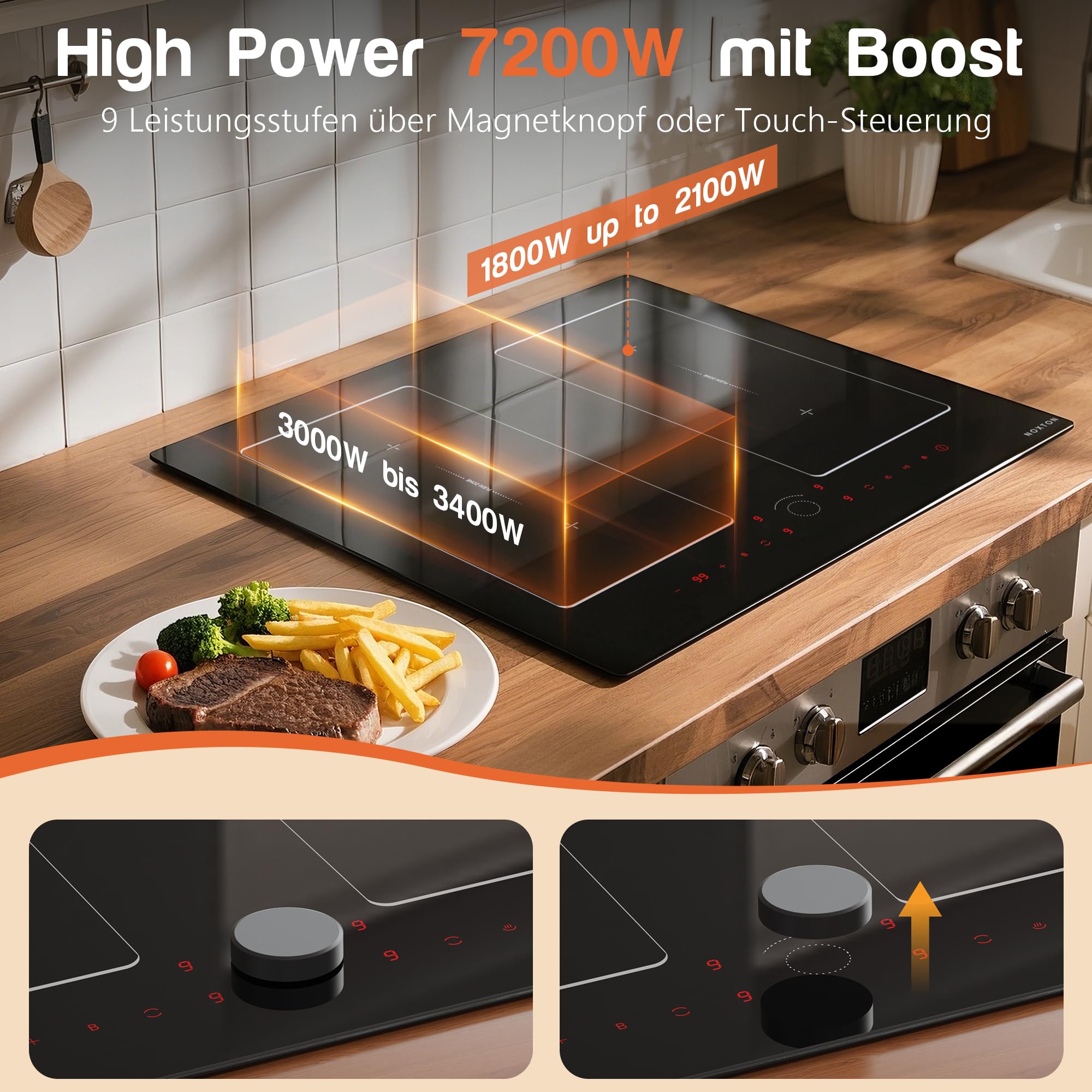 NOXTON Induktionskochfeld 4 Platten mit Doppelte Flexzonen, Induktionsfeld 60 cm Einbau mit Booster, Touch-Steuerung, Timer, Kindersicherung, Pause, 7200W, 220V-240V, Keine Stecker | Doppelte Flexzonen, Booster, Touch-Steuerung, Timer, Kindersicherung, Pa