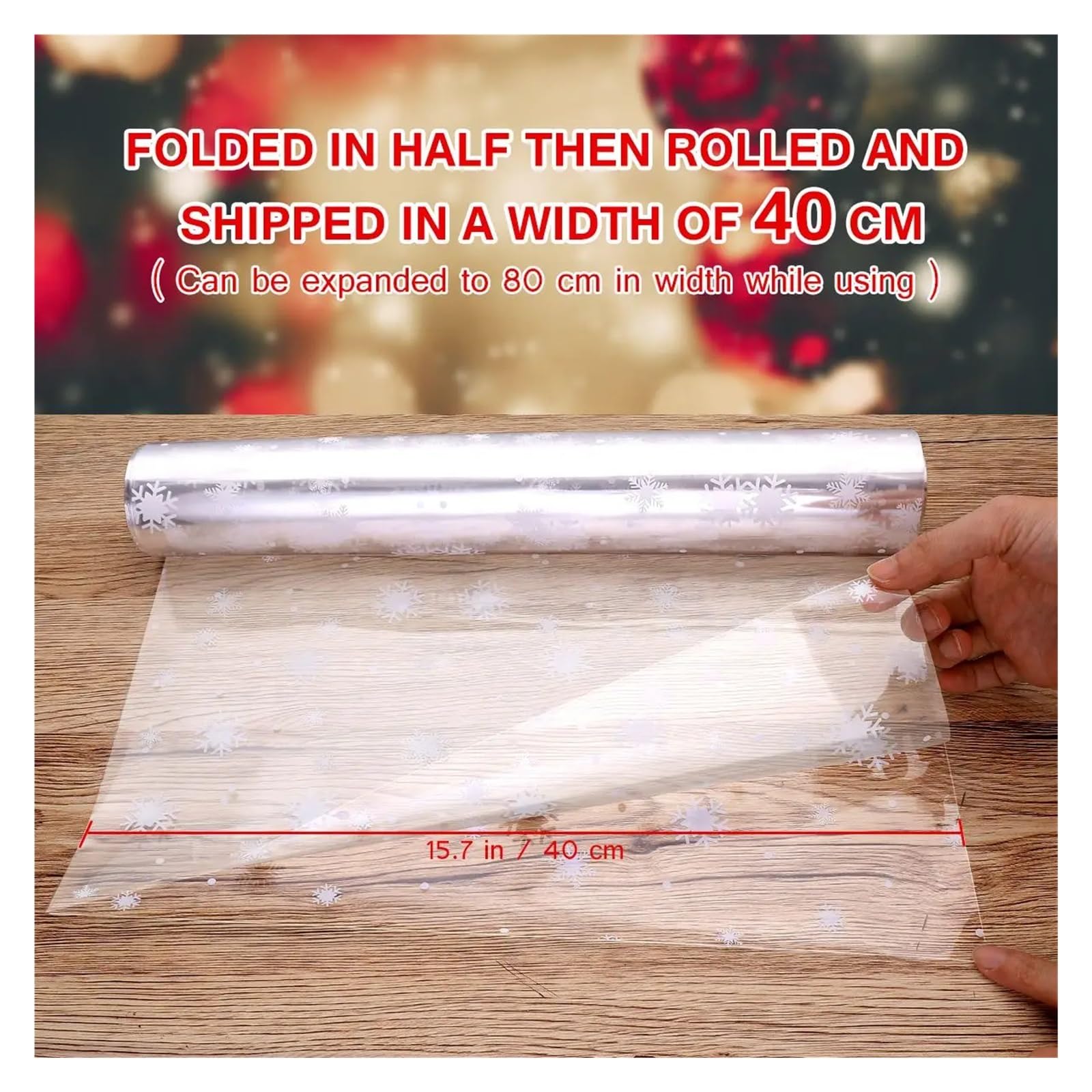 Papel de Regalo 2 rollos de celofán,5/3 milésimas pulgada grosor, decorados con copos nieve, ideales for envolver cestas regalo navideñas(80CMx3000CM)
