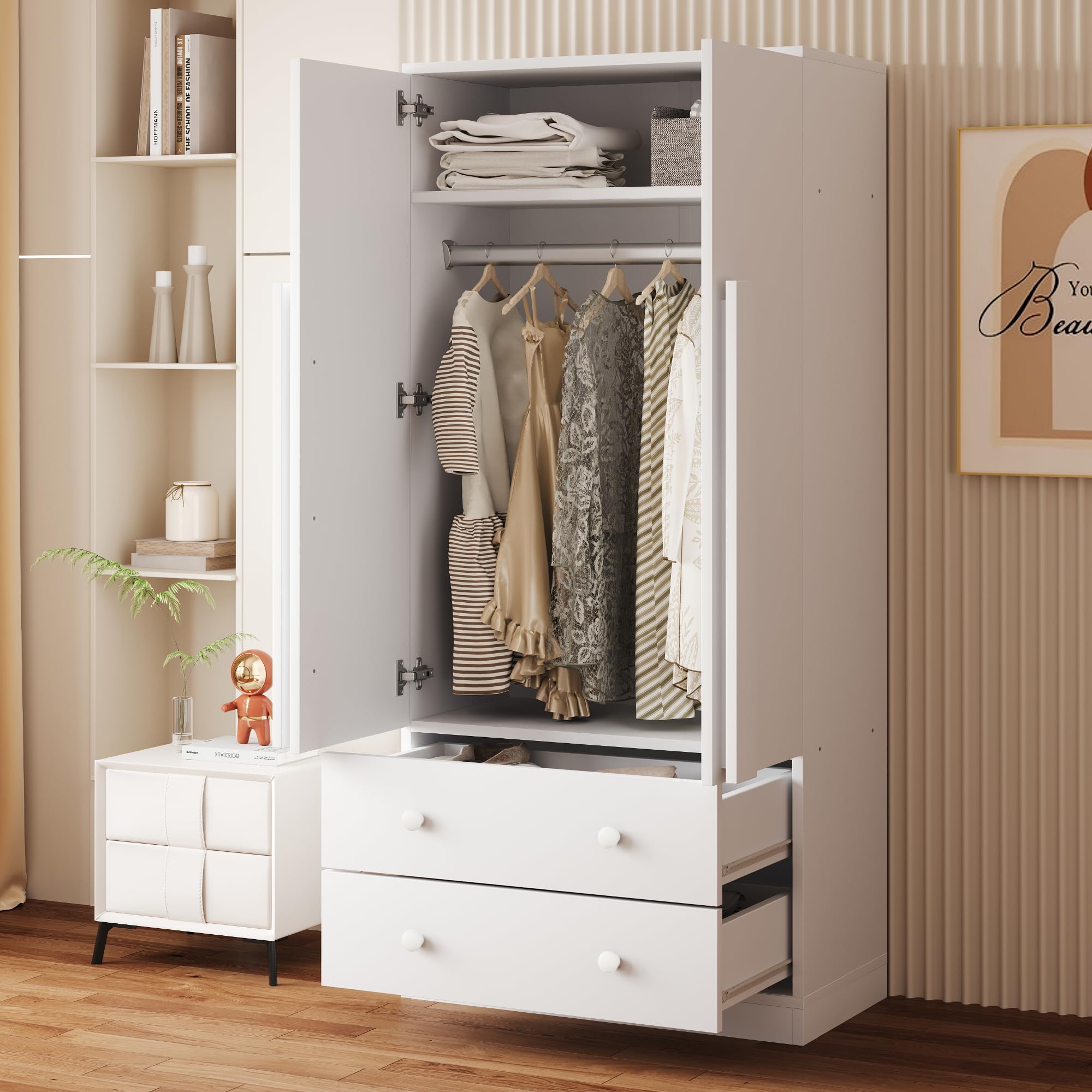 Armario de 70 x 40 x 170 cm, diseño de puertas dobles, con cajones y estantes (blanco)