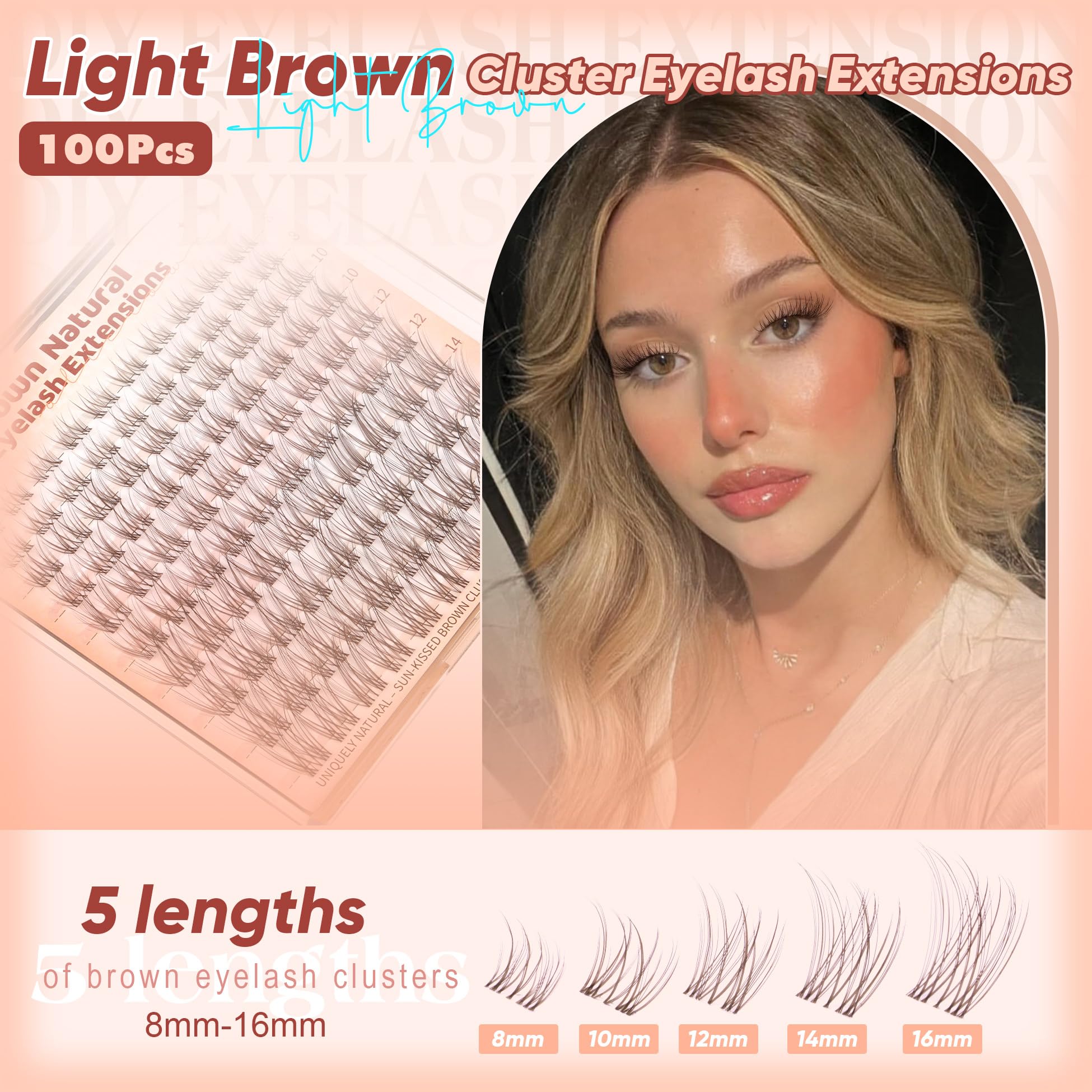 Brown Lash Clusters Natural Eyelash Clusters Wispy Individual Lash Extensions Brown Eyelash Extensions with Clear Bands Short DIY Eyelash Extensions at Home 100Pcs 8mm-16mm - Image 2