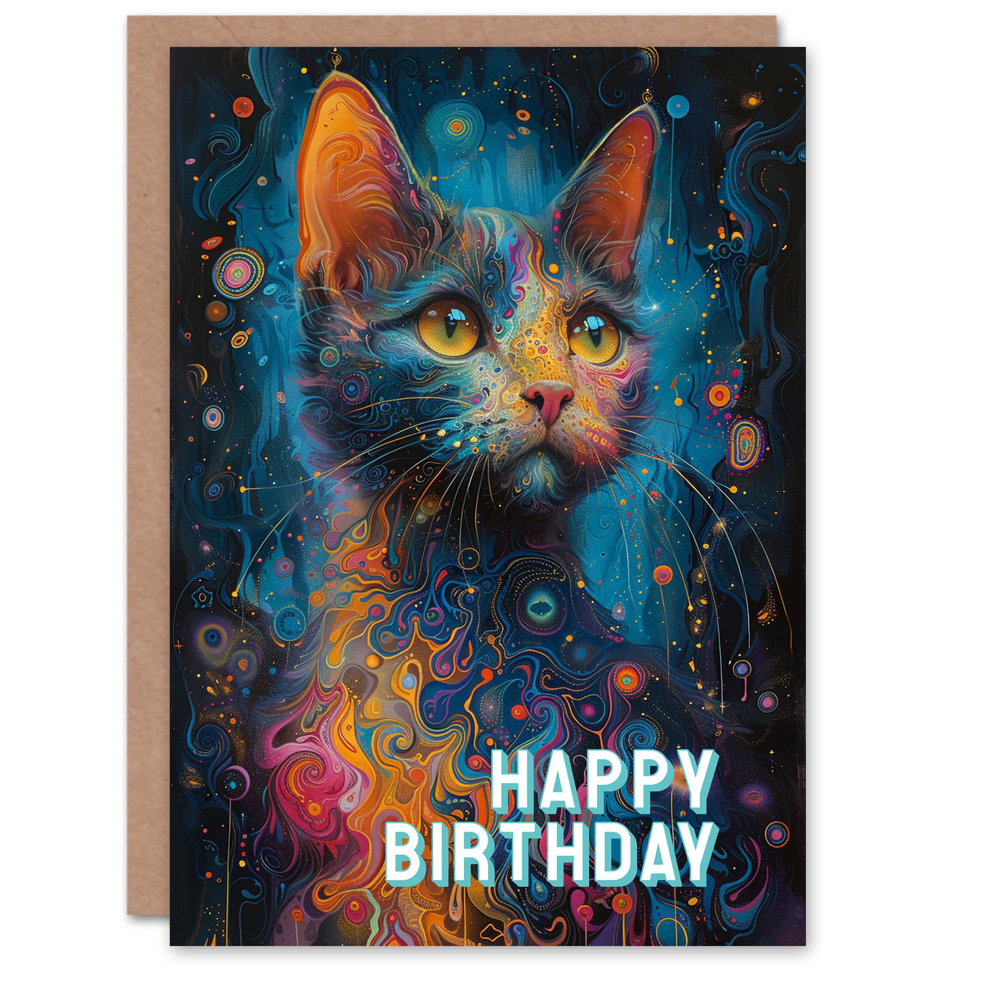 Artery8 Birthday Card Cat Lover Galactic Kitty Psychedelic Concept Art For Her Gran Sister Niece Daughter Wife Woman Greeting Card