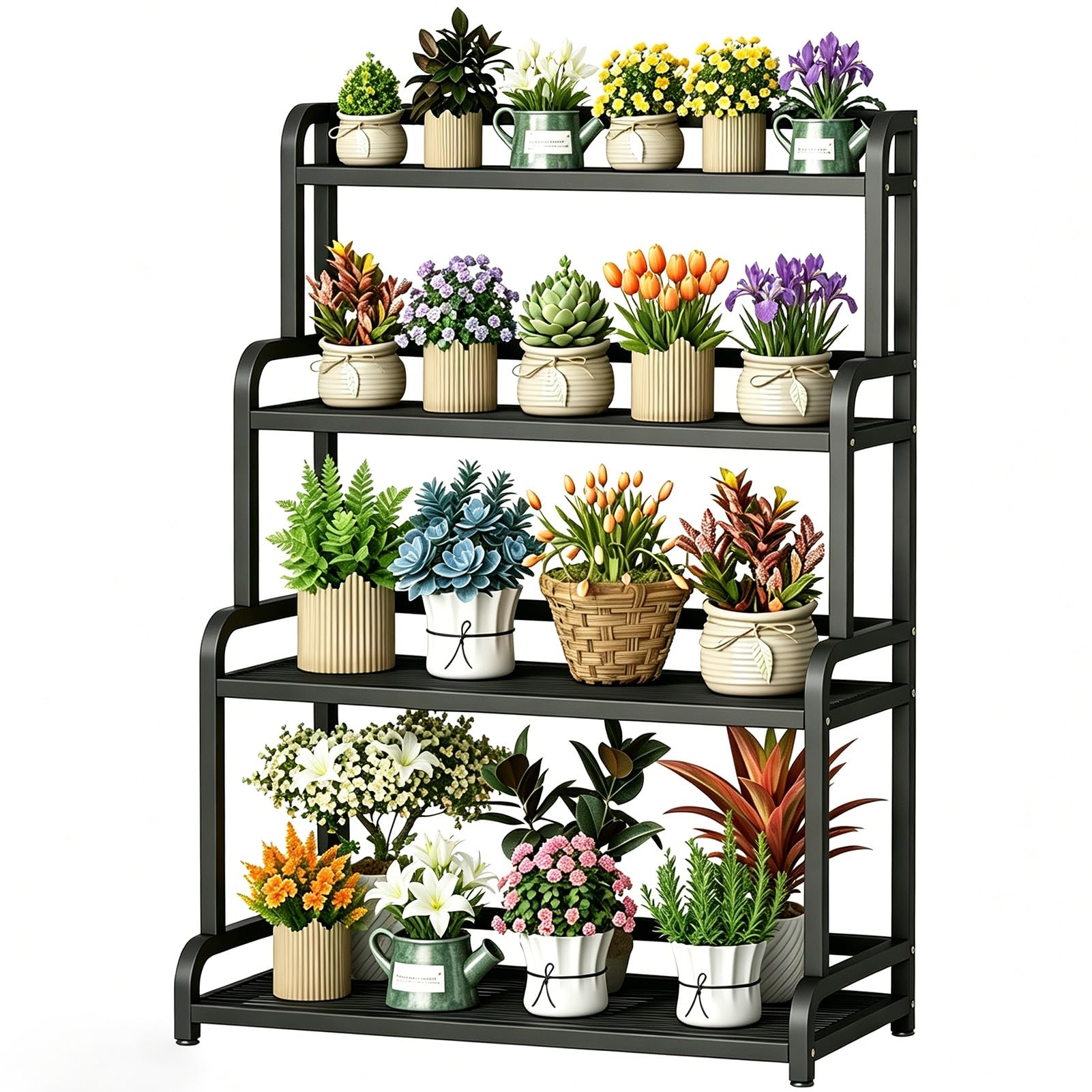 DMCHENGMA Modern 4-Tier Black Iron Plant Shelf, Ladder Shape Frame for Multiple Pots, Functional Decor Planter Rack for Garden, Flower Shop & Home(50x50x135cm)