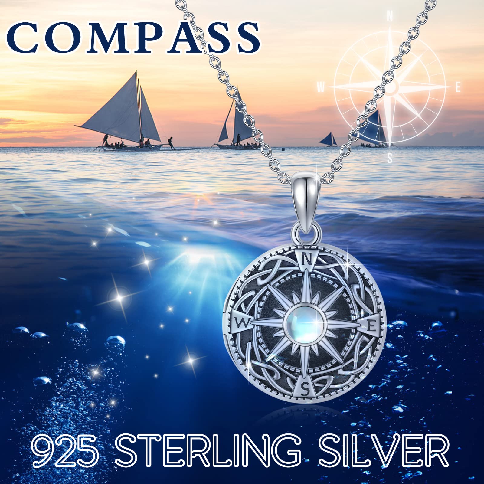REDSUN Medaglione a bussola in argento Sterling 925, con pietra di luna, con nodo celtico, medaglione con foto e bussola, gioielli per uomo, figlio, ragazzo, donna