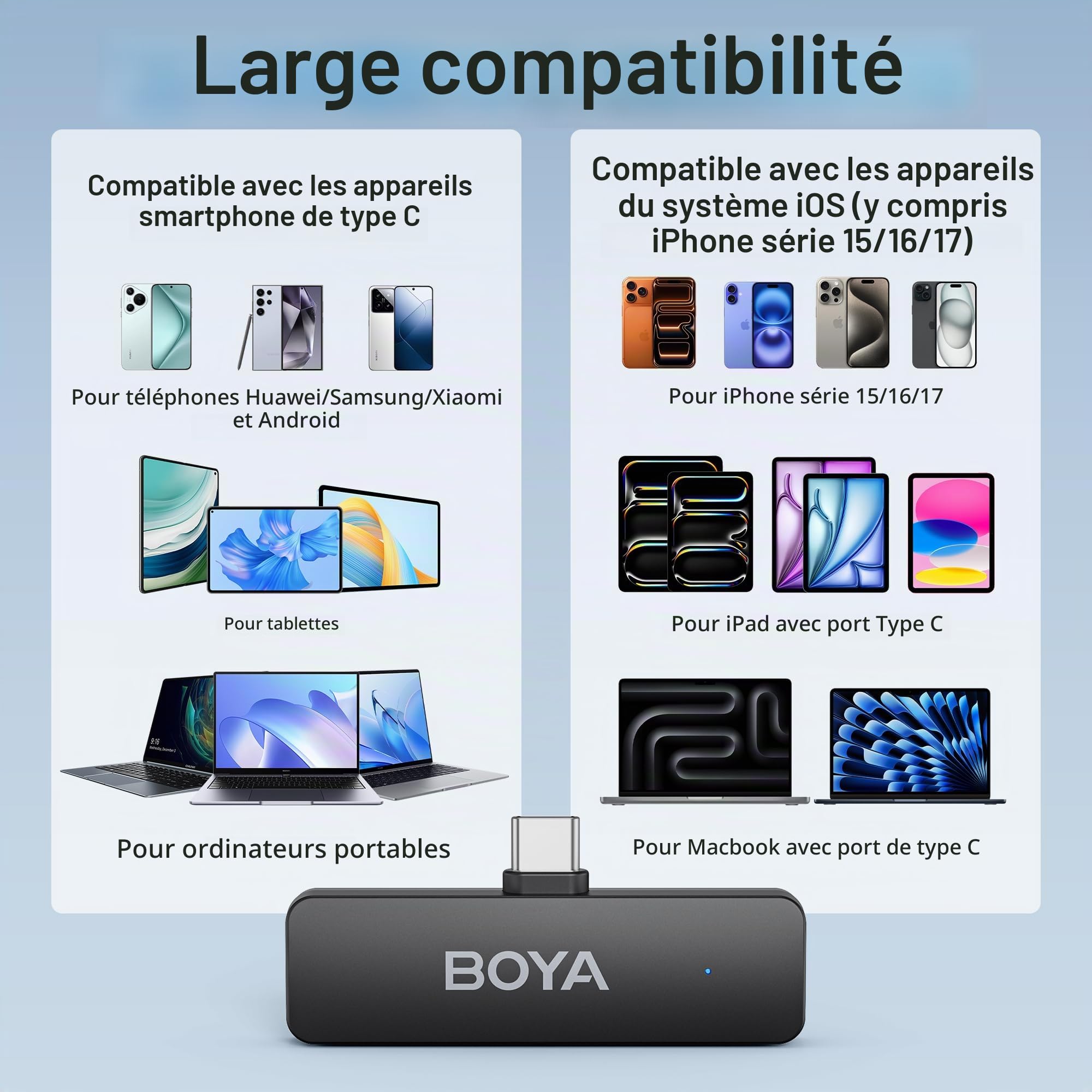 Boya BY-V4U Microphone sans Fil pour iPhone 15 Android Type C Smartphone Wireless Lapel Mic pour vidéo Podcast Interview Streaming Vlog Youtube