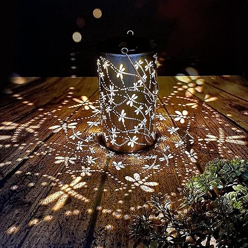 Miniatura 6 de Faroles solares colgantes para exteriores, juego de faroles azules fríos y libélula (paquete de 2)