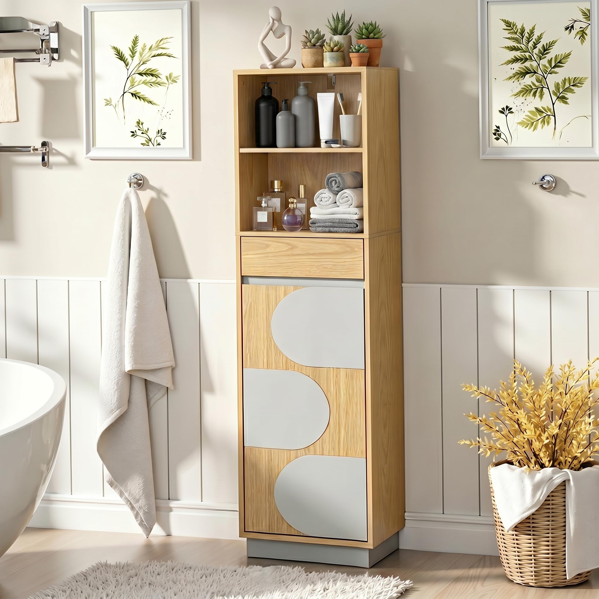 Hometopia Badezimmer Hochschrank Holz, 166 cm schmal mit Tür | 30x40 cm Grundfläche, 1 Schublade, verstellbare Böden unten, für kleine Bäder, freistehend, Eichenoptik, pflegeleicht