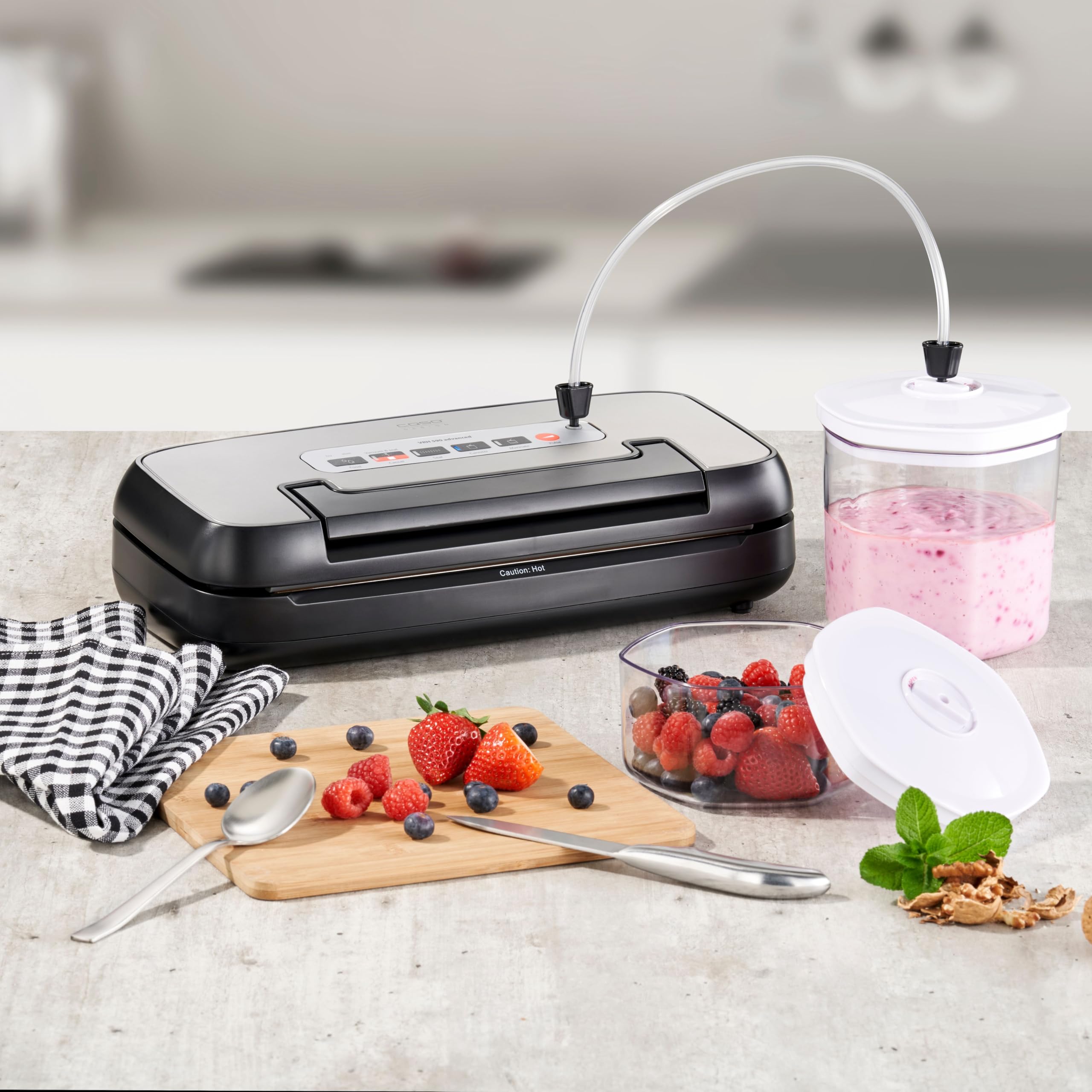 CASO VRH 590 advanced - Macchina sottovuoto per alimenti, fino a 125 cicli di utilizzo consecutivi, con vano portarotolo integrato e taglierina pieghevole – acciaio inox