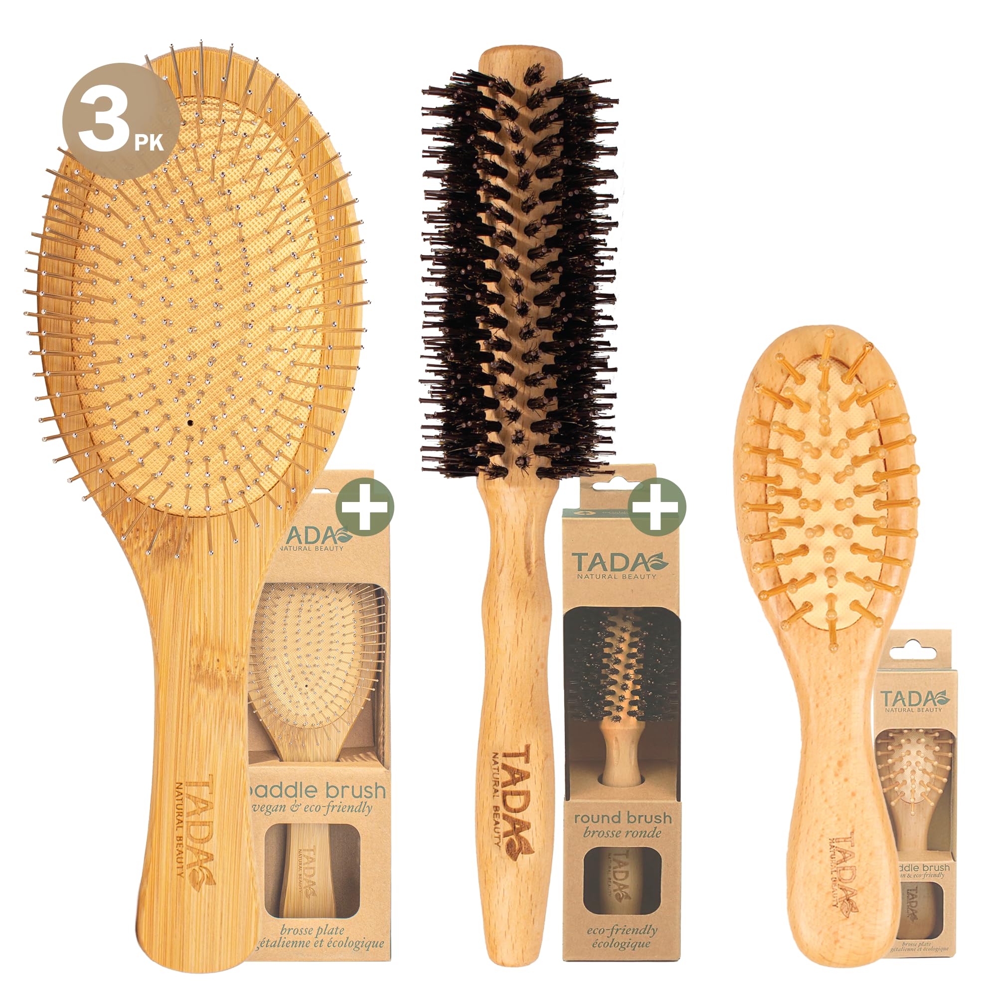 TADA BEAUTYNatural Bamboo Hair Brush l Wooden Comb l Bamboo Brushes for Wet Dry Curly Thick Straight Hair l Detangling Hairbrush for Women, Men, and Kids (3PK Brush Set #1)