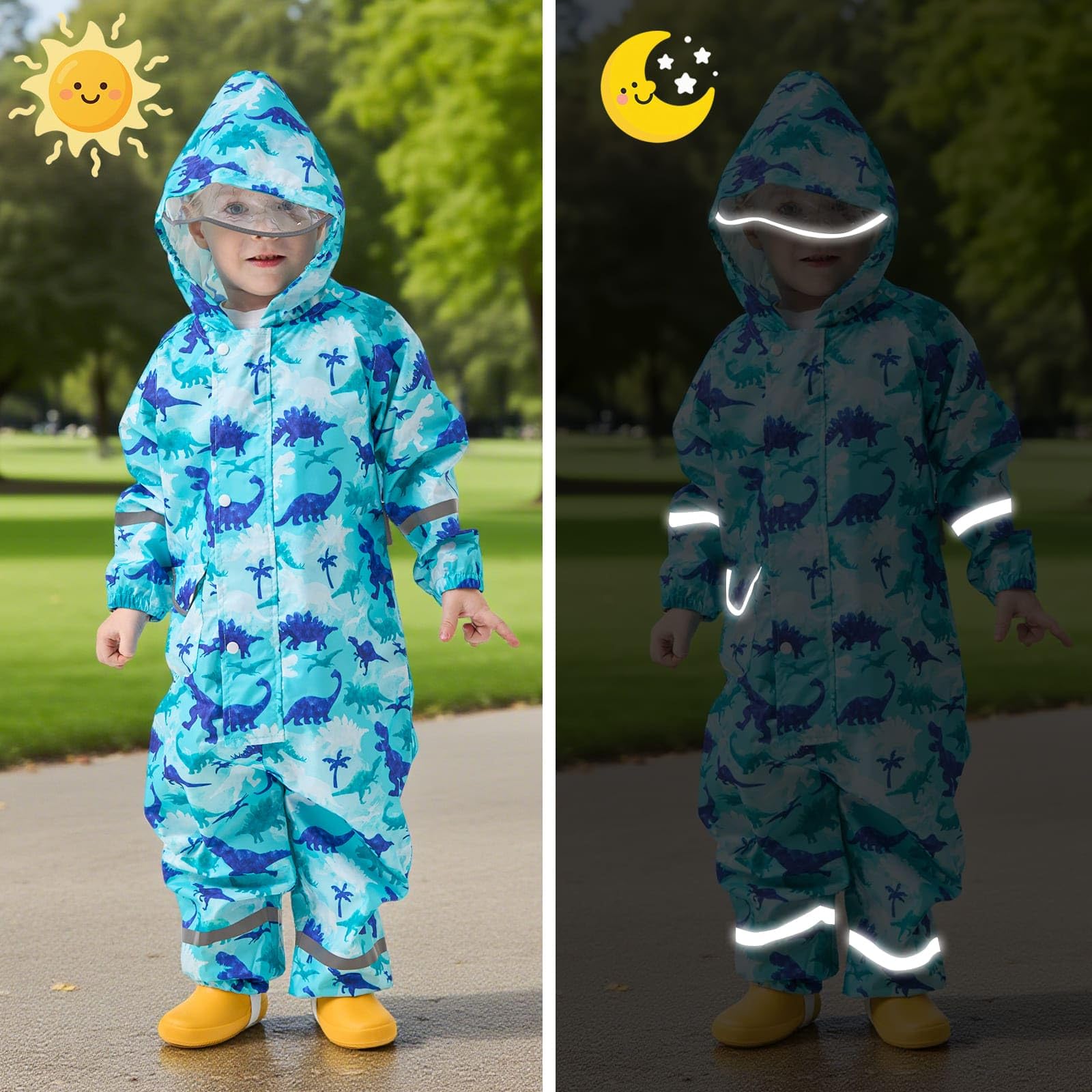 Imperméable à Capuche Enfant Fille Garçon Combinaison de Pluie Respirant Léger Vestes avec Bandes Réfléchissante Licorne Dinosaure Motif Imperméables École Vêtements de Pluie Unisexe 1-9 Ans