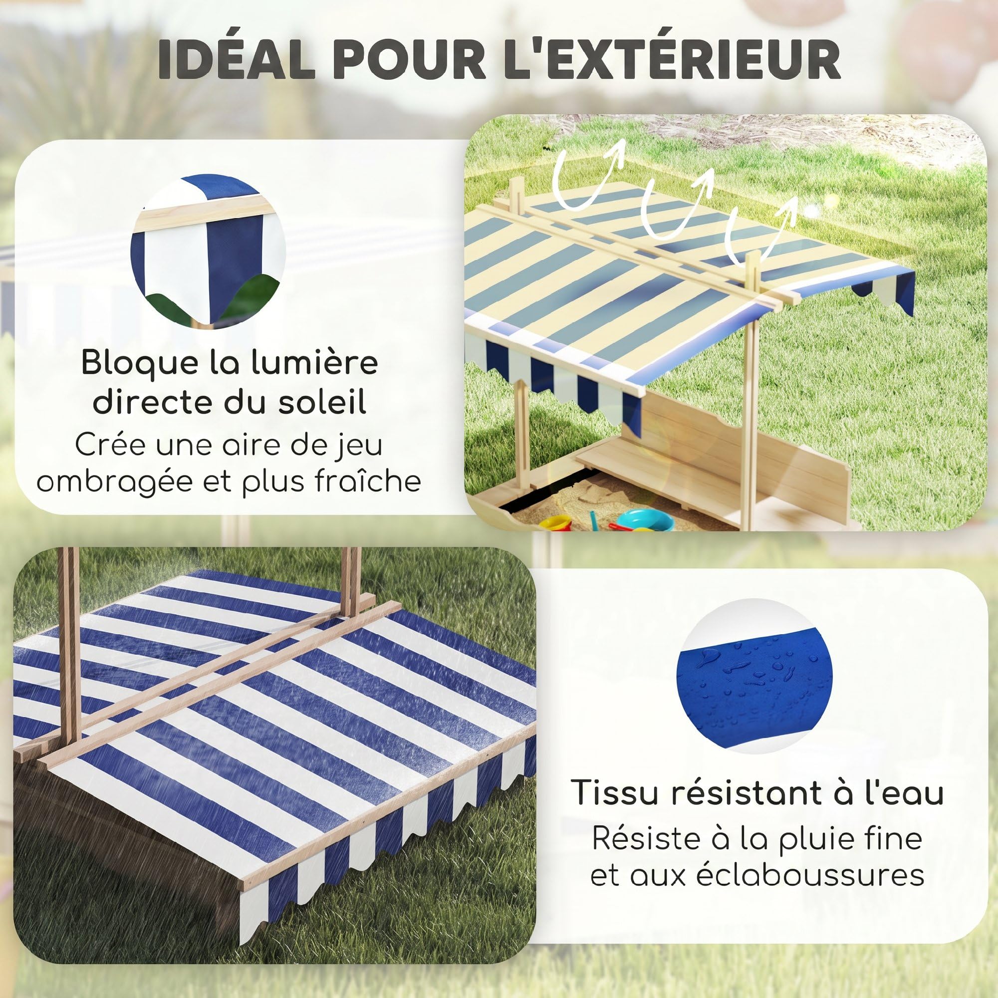 Outsunny Bac à Sable carré en Bois pour Enfants dim. 106L x 106l cm avec bancs et Couvercle - auvent réglable