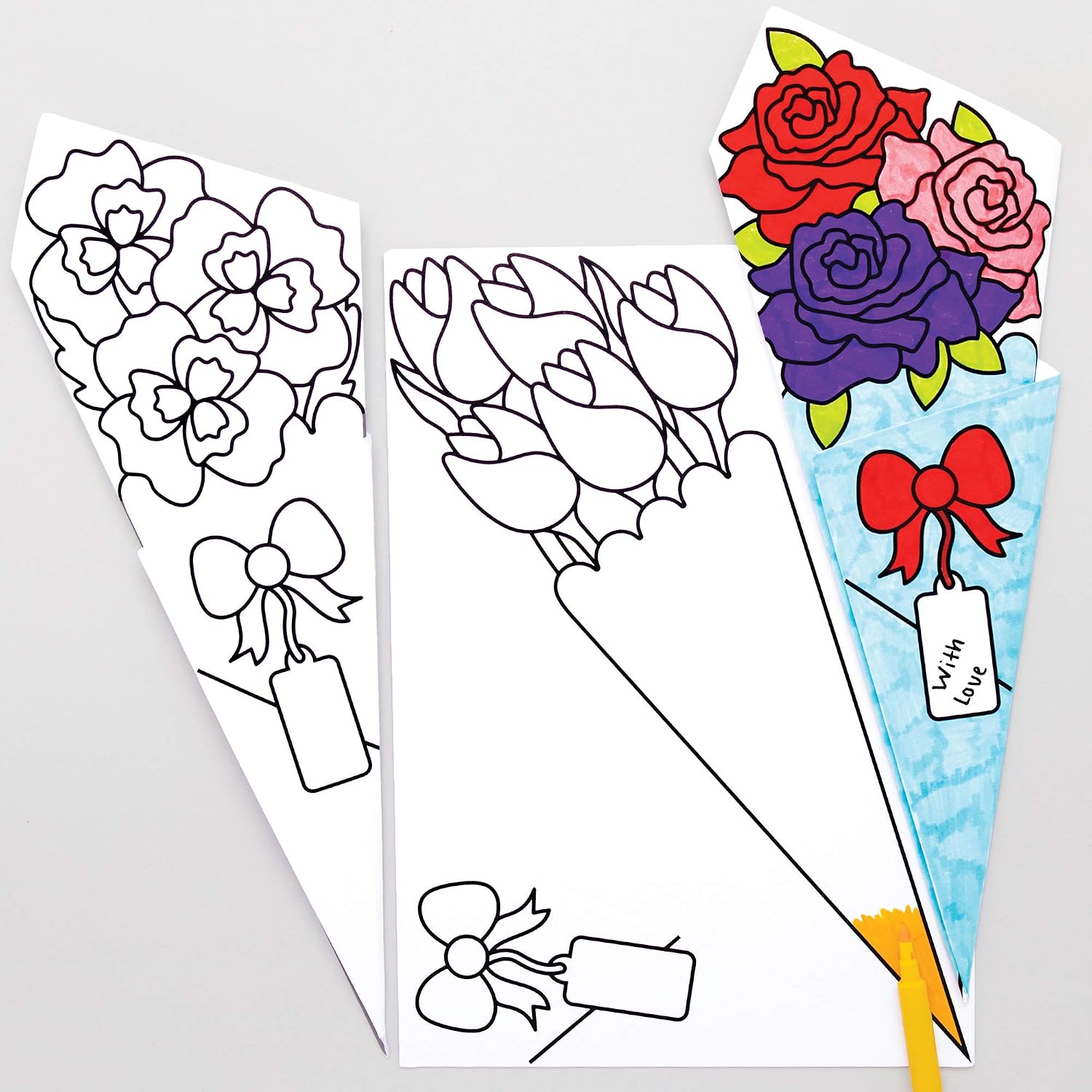 Baker Ross AT447 Color in Flower Bouquets - Pack of 10, Arts and Crafts Coloring Kits for Boys and Girls Art Party's, Dress up and Imaginative Play