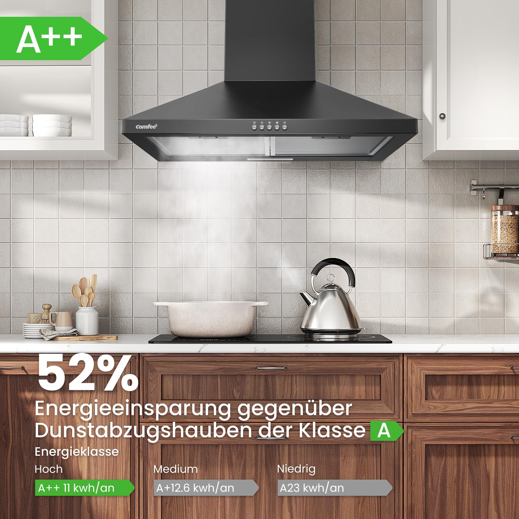 COMFEE' CH60A17EM400B A++ Dunstabzugshaube 60cm Umluft Abluft, 400m³/h Luftstrom, 5 Schichten Waschbarer Fettfilter, Schwarz