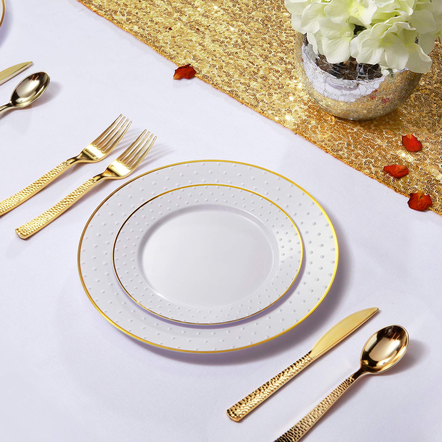 Buy 102pcs Plastic Plates Heavy Duty Gold Plastic Plates, White Disposable Plastic Plates with