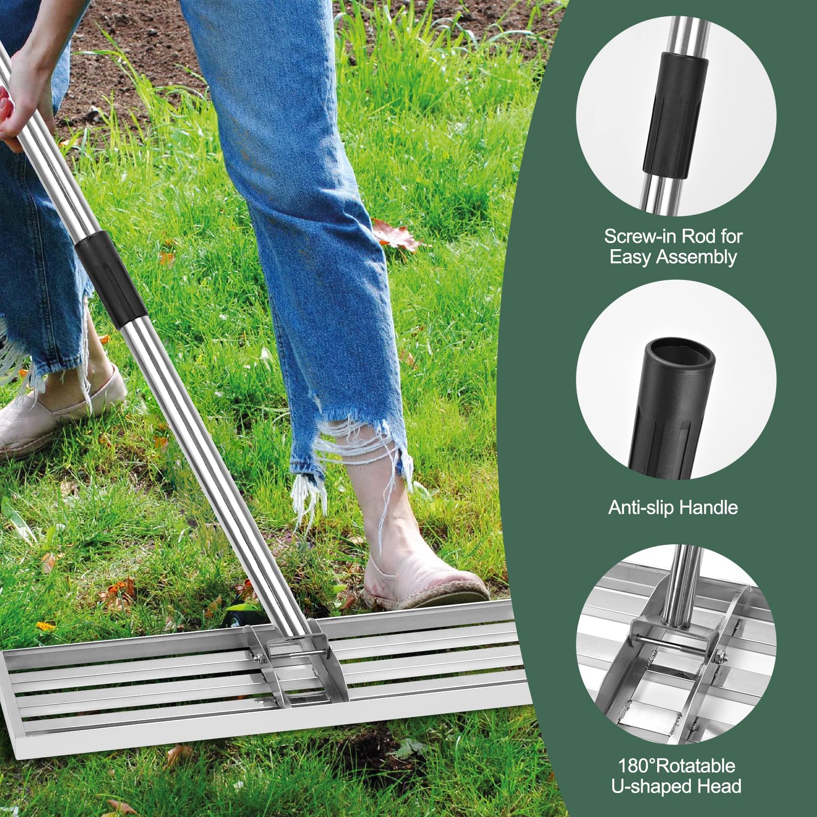 Rastrillo nivelador de césped de 17 x 10 pulgadas, nivelador de césped de acero inoxidable con mango largo de 76 pulgadas. Herramienta niveladora de suelo resistente para extender arena