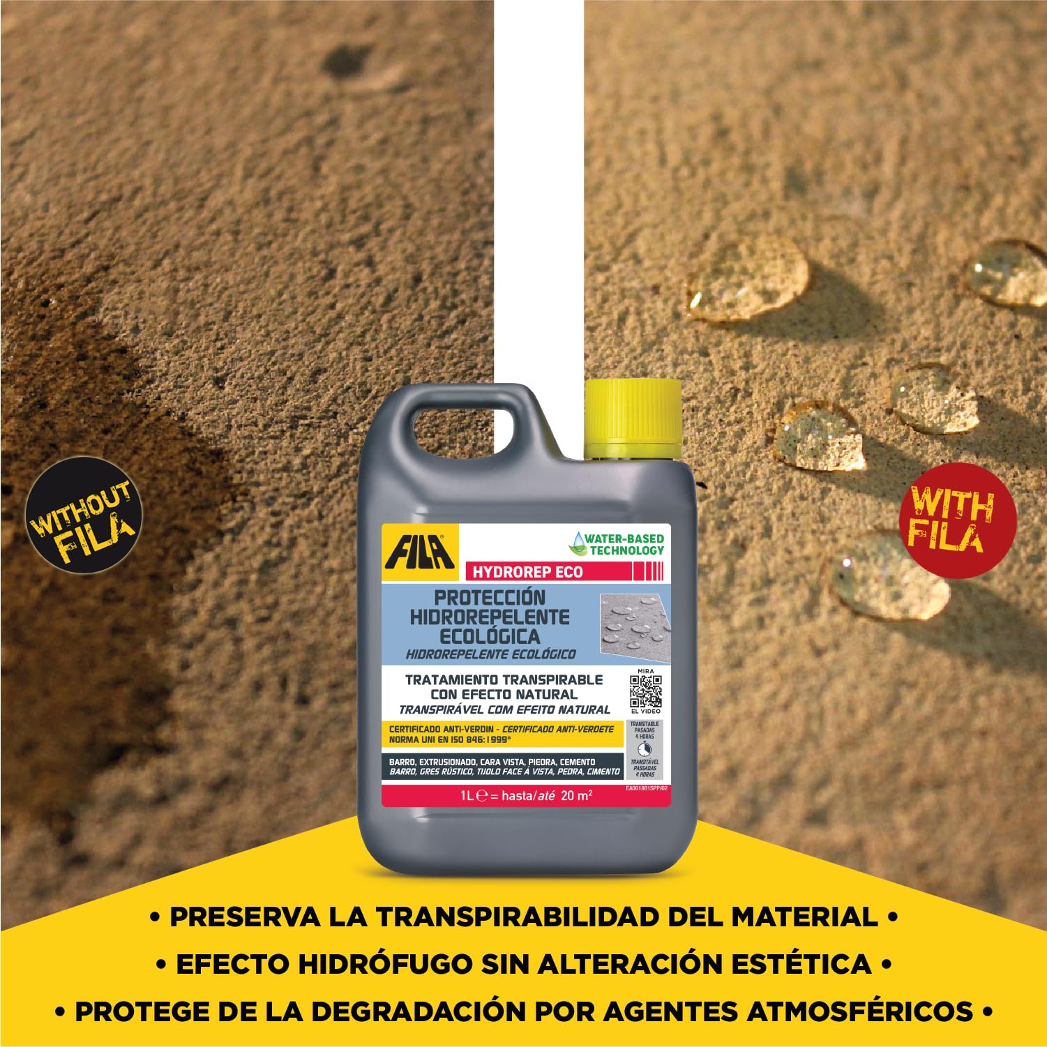 Hydrorep Eco, Hidrorepelente Ecológico Para Barro, Piedra, Gres Extrusionado, Ladrillos Cara Vista, Piedra Artificial, Cemento y Monocapa, 1L