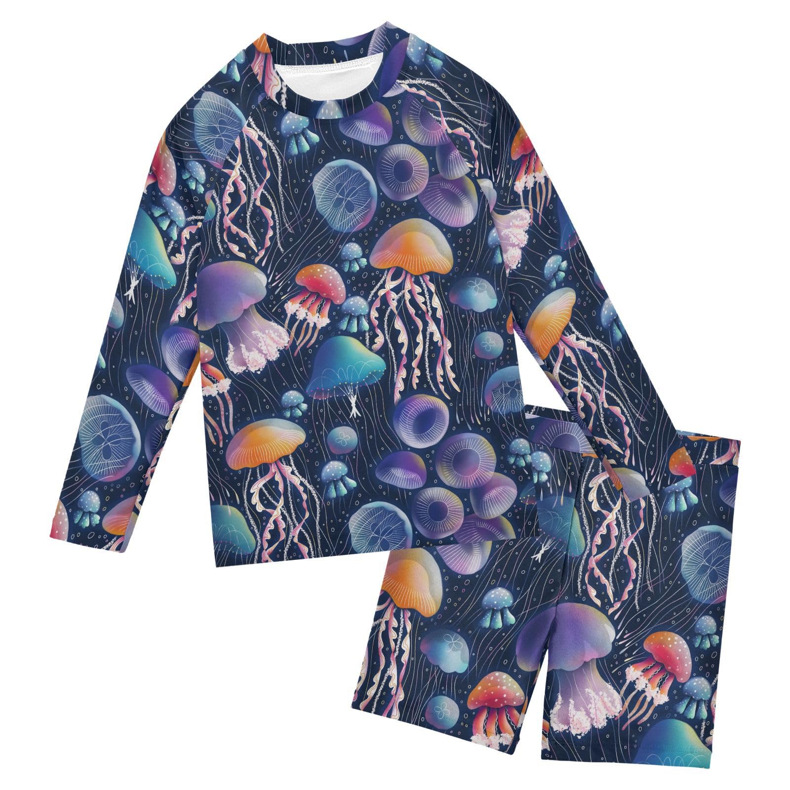 Aflyko Boys 2-Piece Swimwear Cartoon Cute Jellyfish Rashguard Set Swim Trunks with Shirt Soft Fabric Little Kid Board Shorts Comfy for Everyday Swimmer, 5-6T Multicoloured