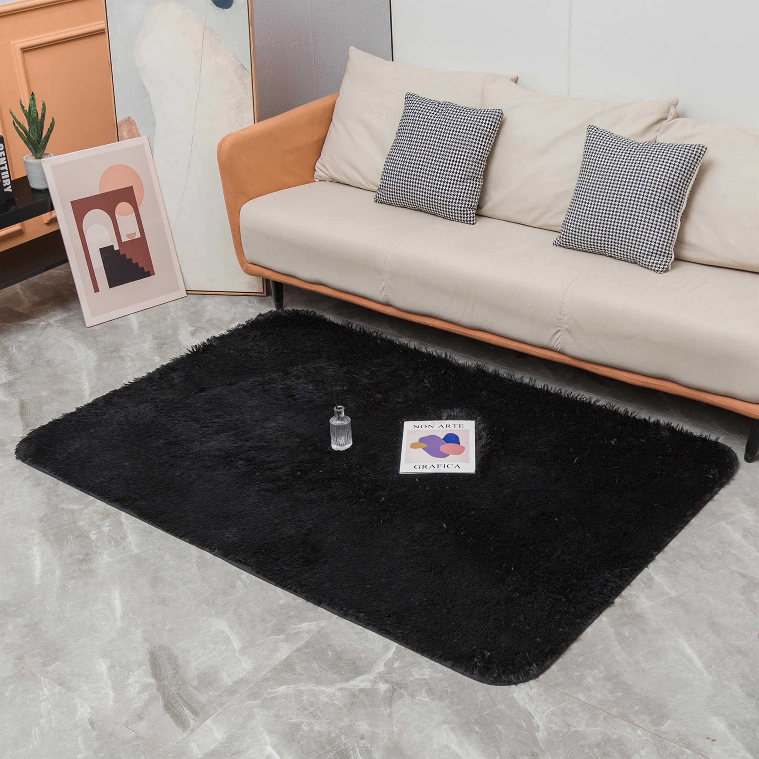 DALINA Textil Alfombra Decorativa de Pelo Largo Extra Suave -Alfombra Antideslizante para Salón Dormitorio Rectangular Negro, 150X200CM
