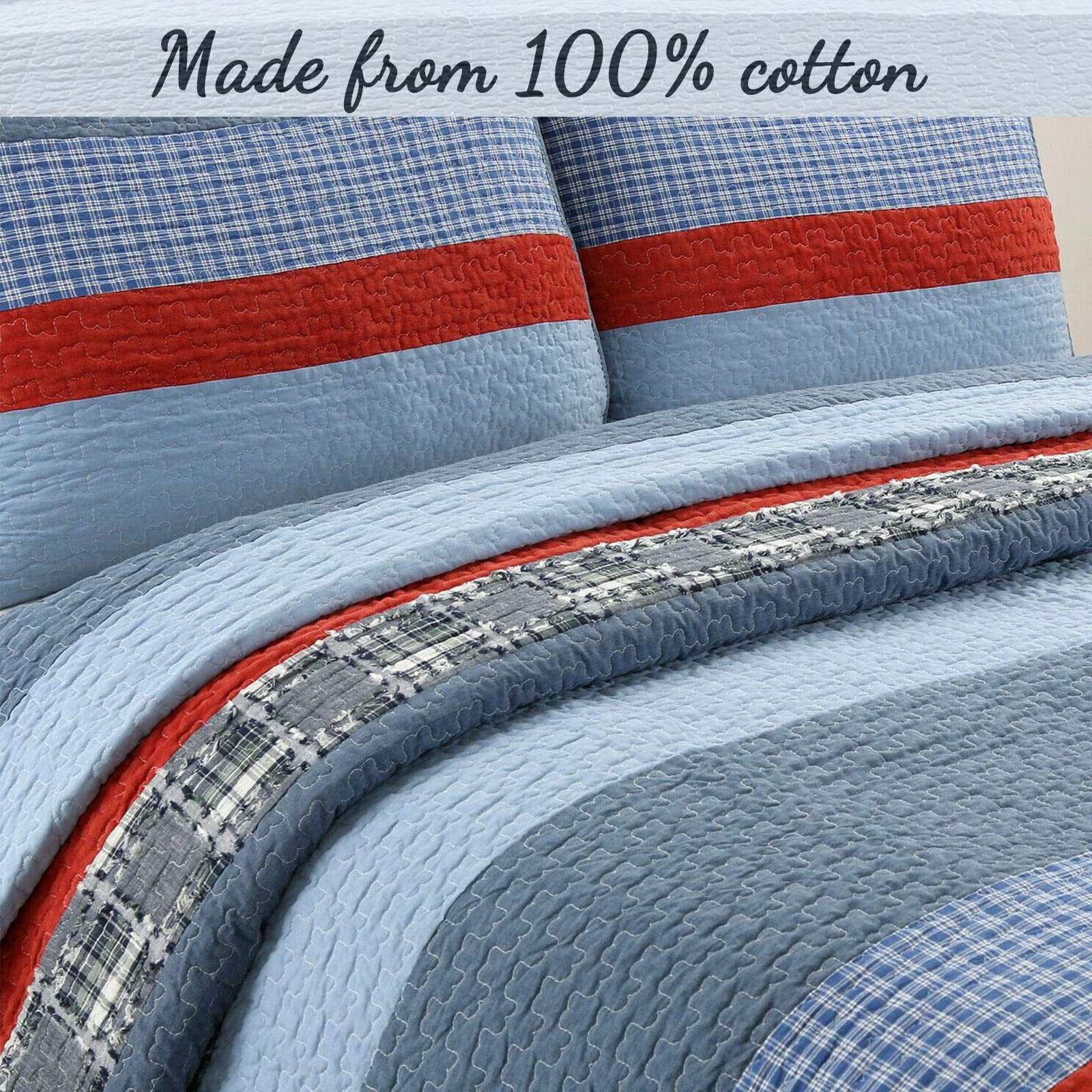 Cozy Line Home Fashions Navy Blue Red Striped Boy 100% Cotton Reversible Quilt Bedding Set, Coverlet, Bedspread (Varsity, Twin - 2 Piece)