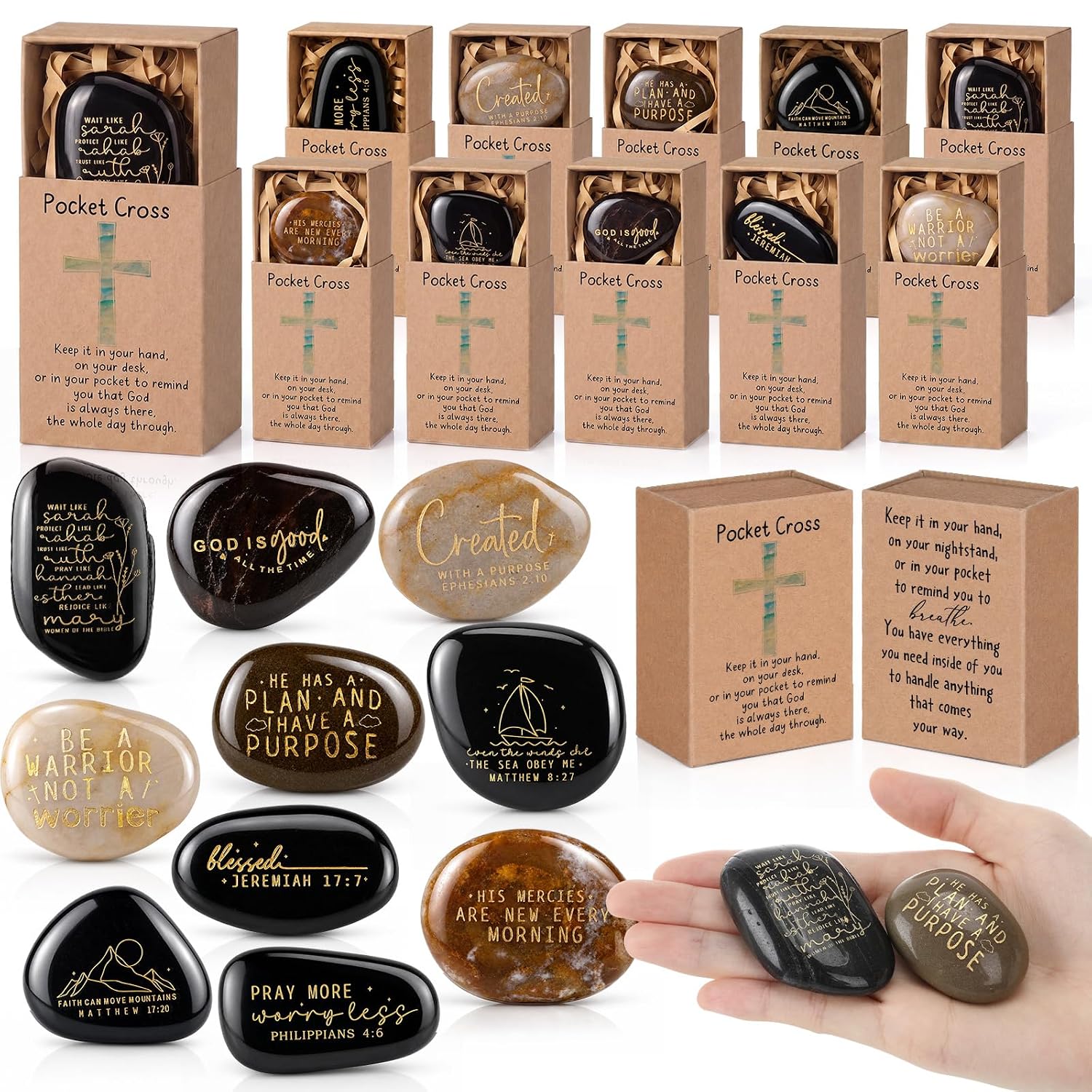 Thyle 12 Set Christian Scripture Stones Gifts Bulk Inspirational Engraved Prayer Stones with Box Religious Rocks Gift for Church Vbs Coworker Pastor Sunday School Baptism (Bible Verses)