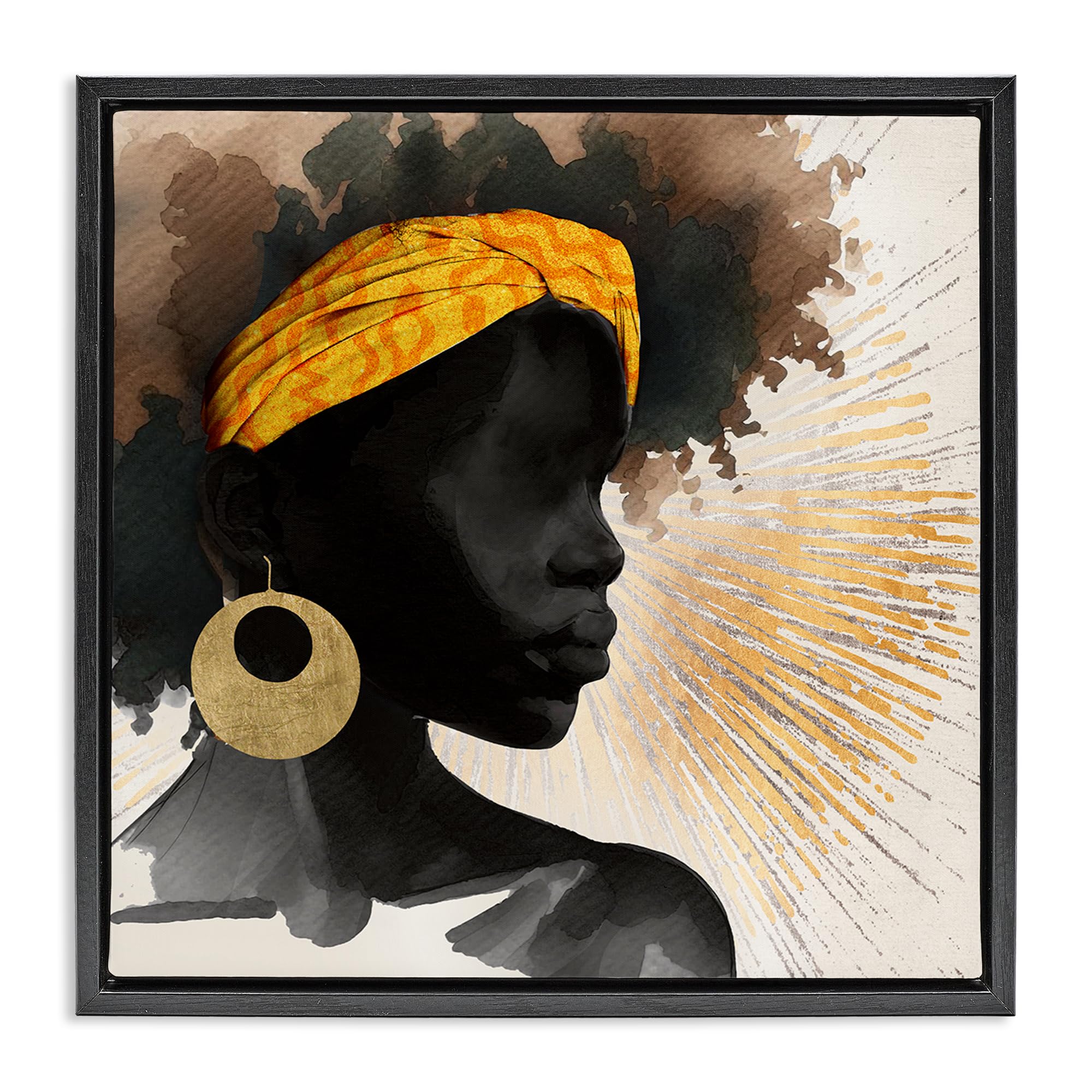 Stupell Industries Jet Black (Matte) Sunburst Silhouette Headwrap, 24 X 24 Inch Canvas In Floater Frame