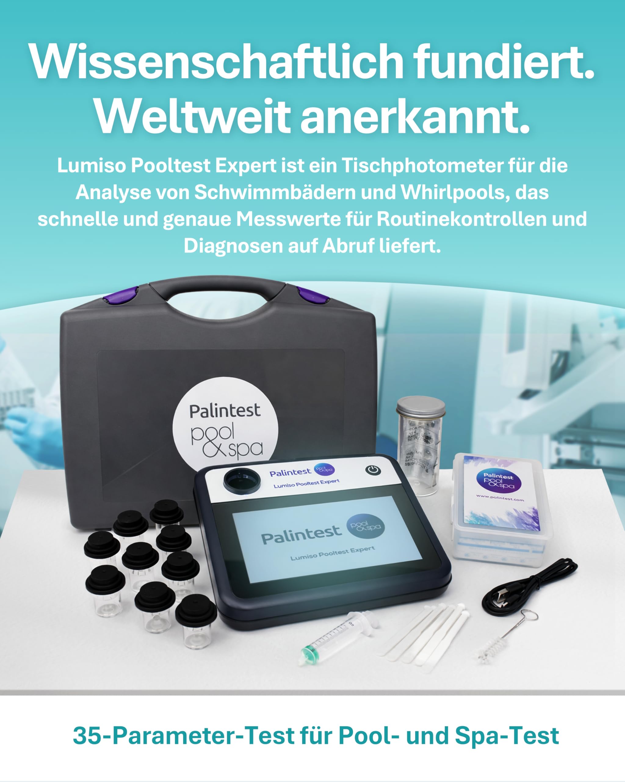 Palintest Lumiso Pooltest Expert Photometer Kit | 35-Parameter Pool- & Spa-Wasseranalyse | IP67 Tisch-Photometer mit Datenlogging & Touchscreen | Reagenzien & Hartschalenkoffer