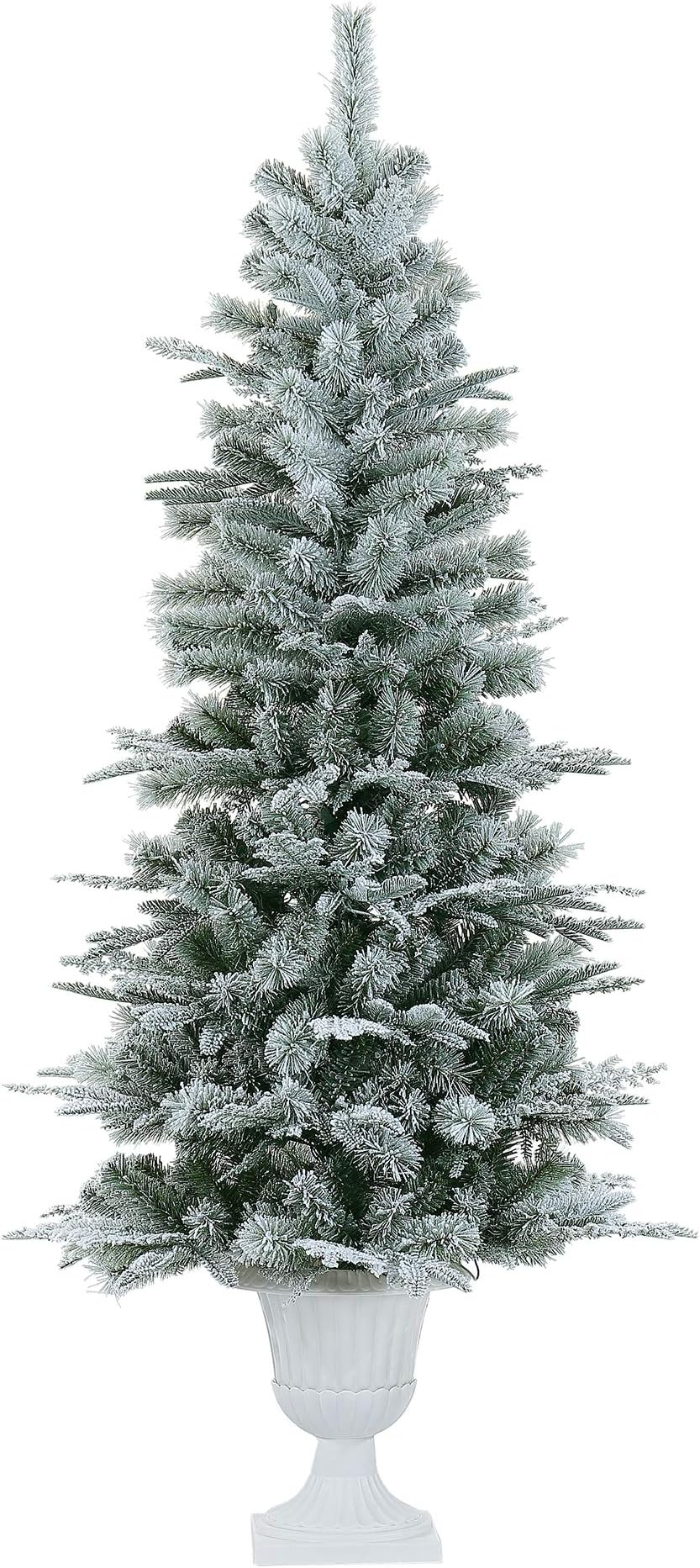 LordofXMAS Slim Artificial Christmas Tree, Potted 6.5' Realistic Pine with 336 Branch Tips 150 LED Warm Clear Lights, Flocked White on Green