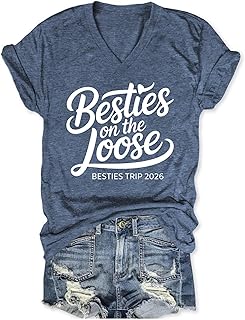 Besties on the Loose Shirt Women 2026 Graphic V-Neck Summer Vacation Beach Shirts Letter Print Short Sleeve