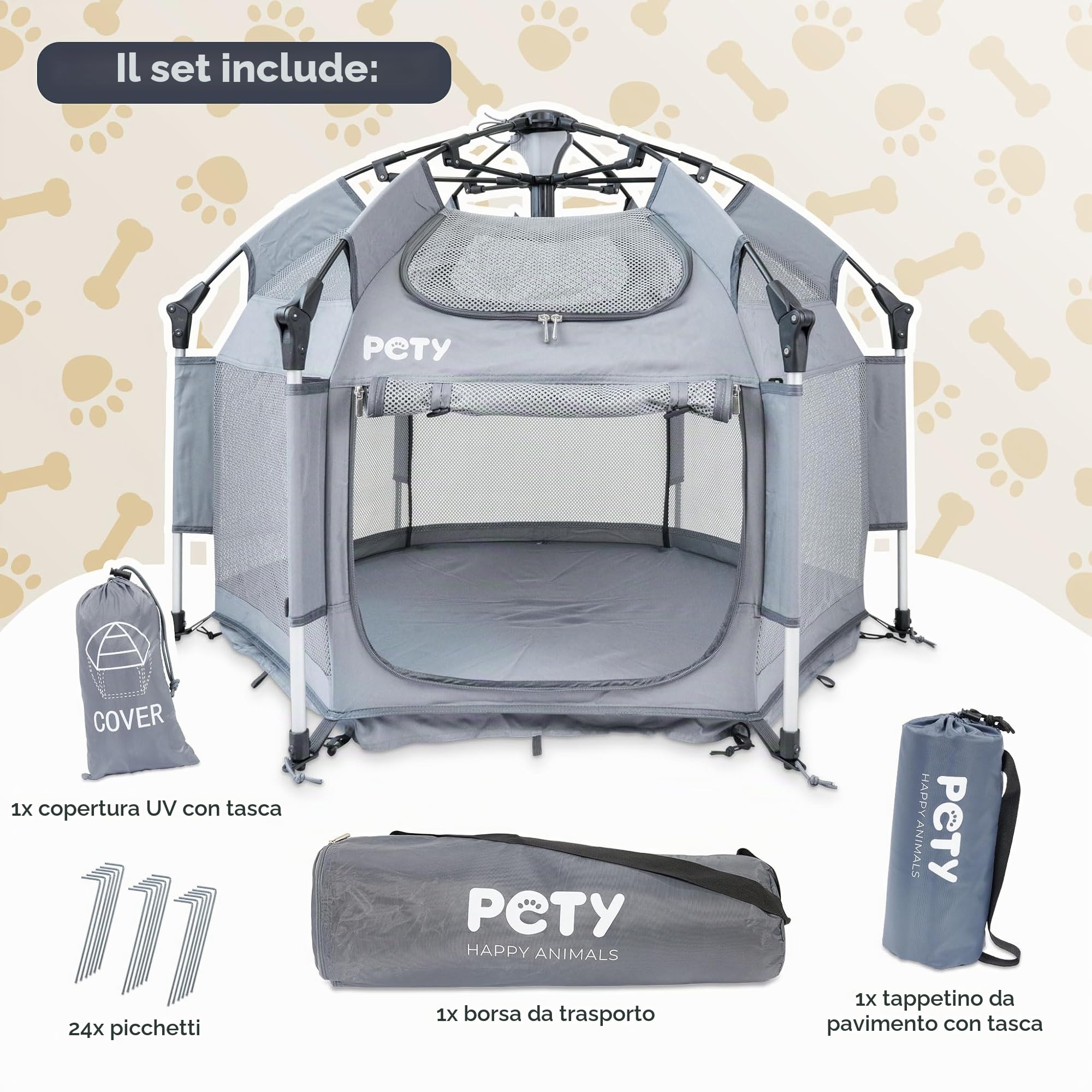 PETY Set box per cani – 110 x 80 cm tenda mobile per cani con borsa per il trasporto, tetto UV e tappetino – recinto per animali domestici e interni – accessori da viaggio per il campeggio – antracite