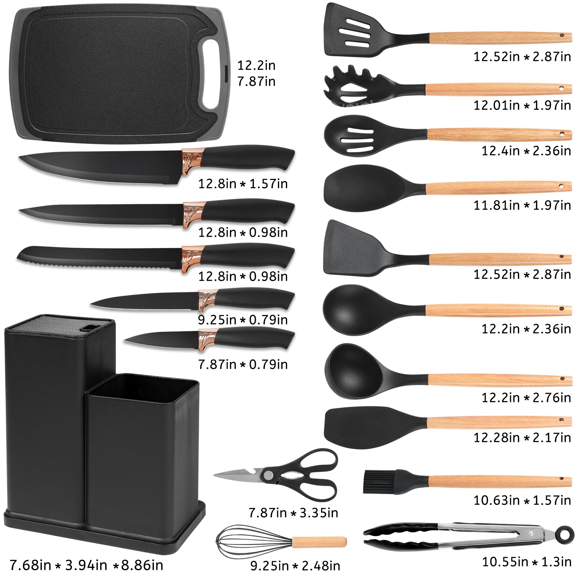 Vortix Küchenhelfer Set, 19 Teiligs Küchenutensilien Mit 5 Teiligs küchenmesser set mit block und Pfannenwender Silikon mit Hitzebeständiger Holzgriff, Schwarz