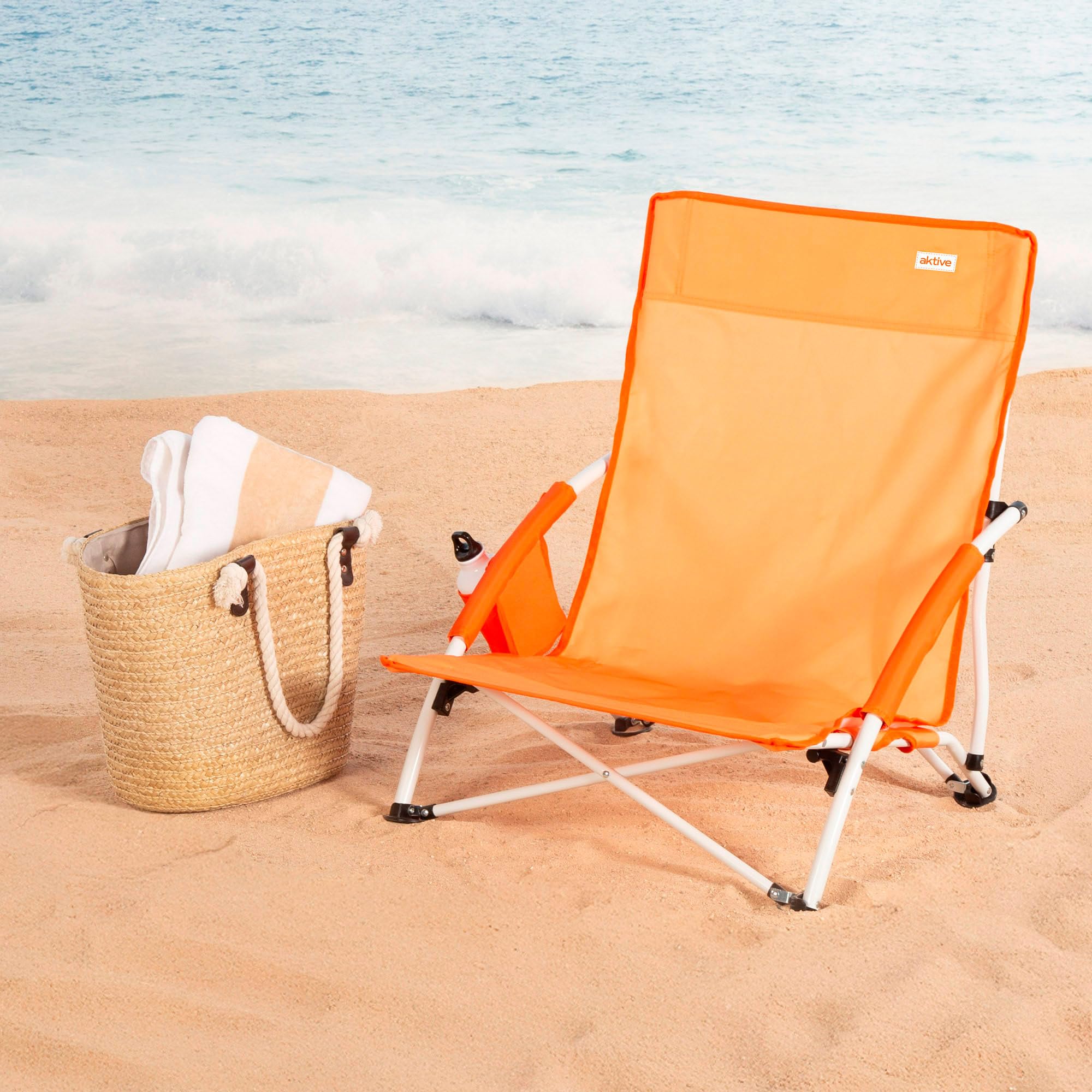 AKTIVE Silla de Playa Plegable Naranja con Bolsillo Lateral, Estructura de Acero, Ligera y fácil de Transportar, para Playa y Camping (62504)