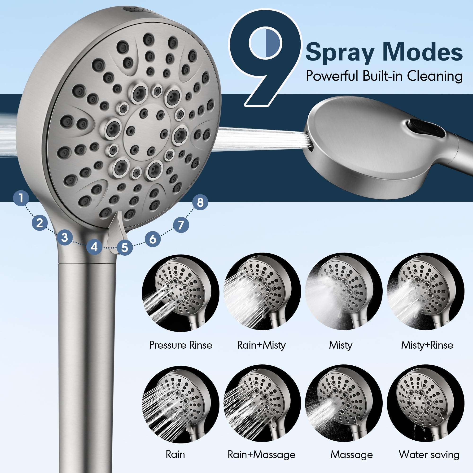 BRIGHT SHOWERS Soffione doccia filtrato con doccetta, ad alta pressione, 9 modalità di spruzzo, con tubo lungo e staffa, addolcitore d'acqua filtra le perle per acqua dura, rimuove cloro, nichel