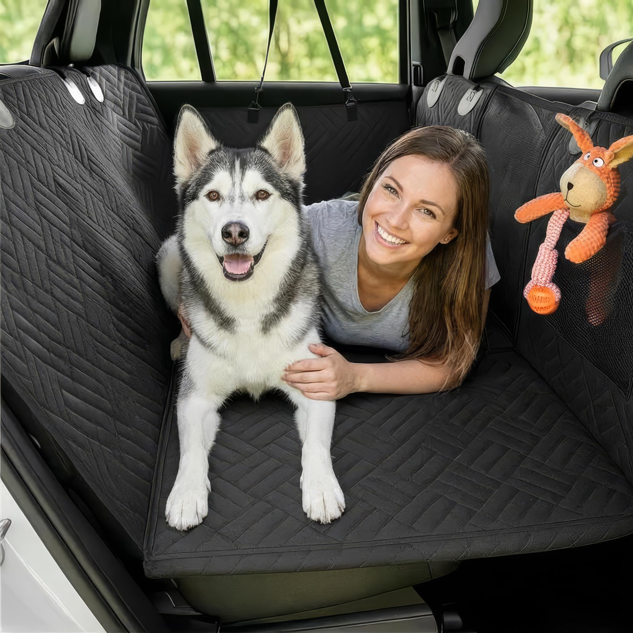 Huxley Barker Car Back Seat Extender for Dogs – 40% Extra Space, 600D Oxford Waterproof Dog Car Seat Cover with Hard-Bottom Bridge, Non-Slip Base, Mesh Window & Storage Pockets – Foldable Design