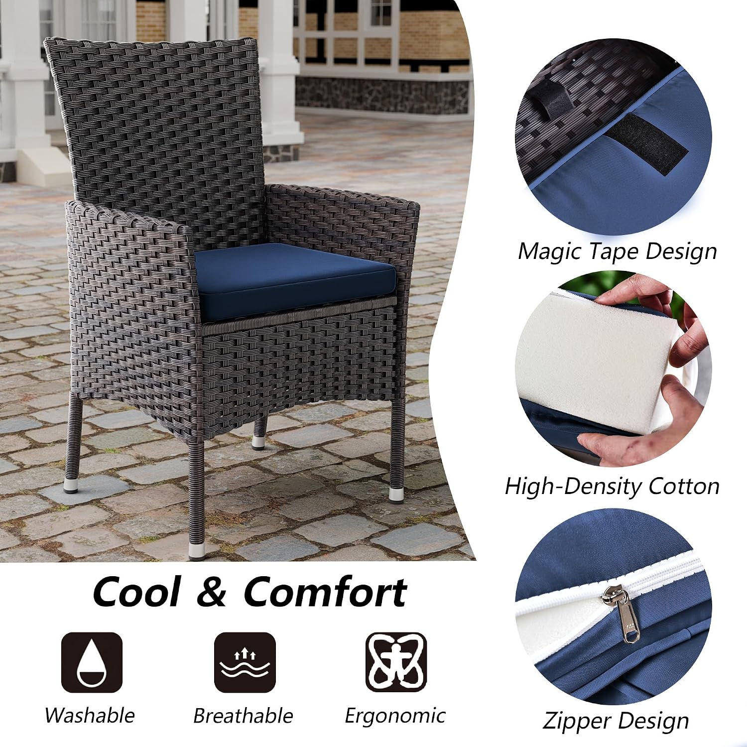 Kullavik 10 Pieces Outdoor Dining Set Patio Rattan Furniture Set,Patio Dining Table and Chairs Set with 8 Chairs and Cushions,Square Glass Tabletop with Umbrella Hole for Patio,Backyard,Navy Blue