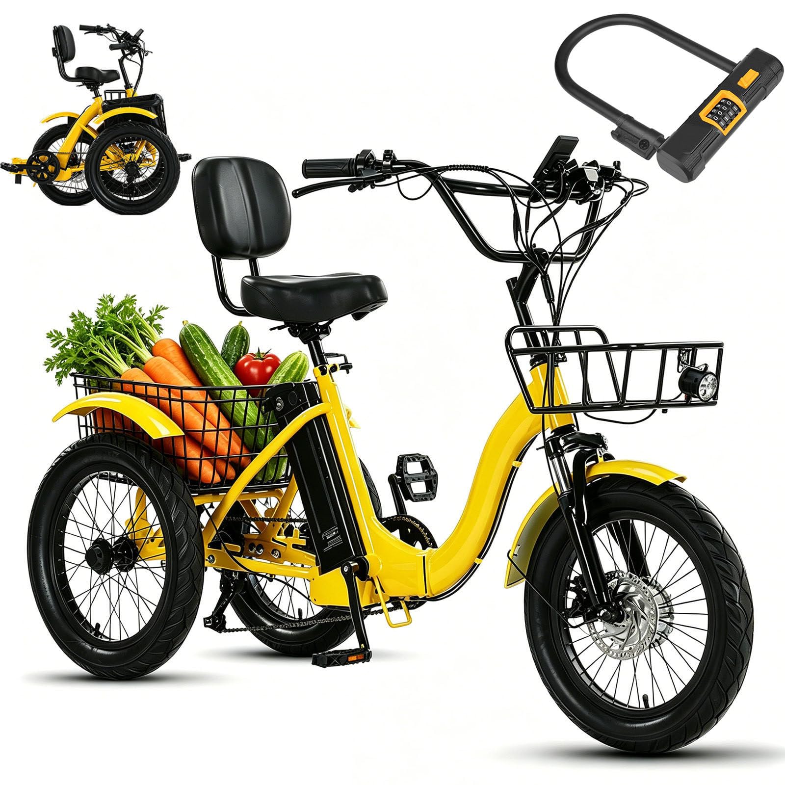 Wasd3Pods Electric Tricycle for Adults, 18" Folding Electric Trike with Large Capacity Basket and Safety Lock,Lightweight Portable,For Elderly Travel and Shopping Yellow