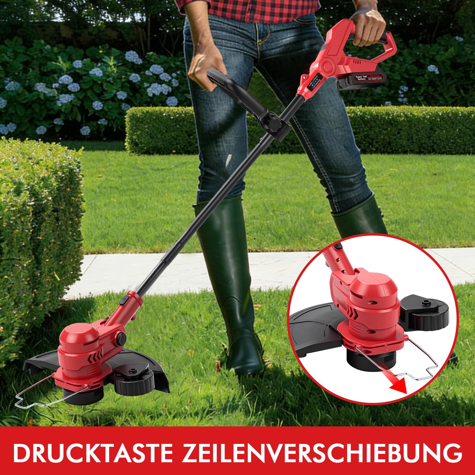 Akku Rasentrimmer Mit Akku Und Ladegerät, 2-In-1 Elektro Rasentrimmer & Kantenschneider Mit 300mm Schnittbreite, Teleskop Fadentrimmer Freischneider Mit 4 Fadenspulen FüR Rasen, Garten Unkraut