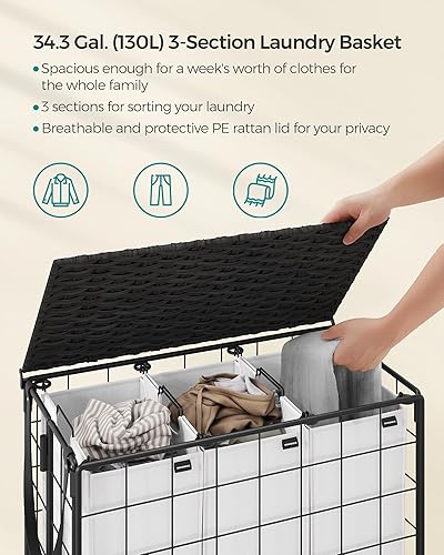 Miniatura 3 de SONGMICS Cesta de lavandería con ruedas, tapa, cesta de ropa plegable, 3 bolsas de forro extraíbles, carrito de lavandería con ruedas de 130 L,