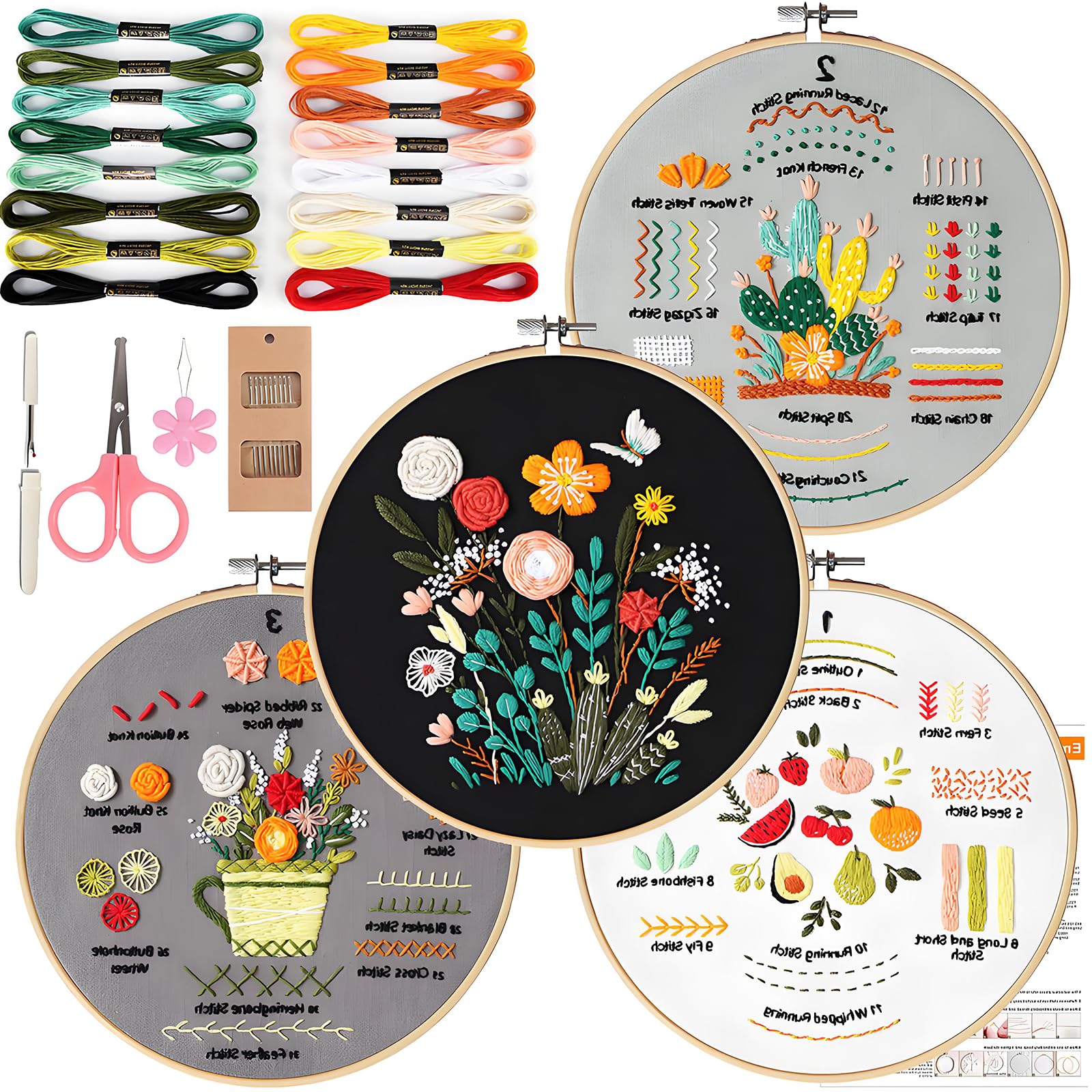 TIANLIN 4 Pack Embroidery Kit for Beginners,Adults DIY Starter Kit,Cross Stitching Kits with Flower Stamped Patterns,Hoop,Tools,Colorful Threads with Needles,Hand Craft Lover Gift