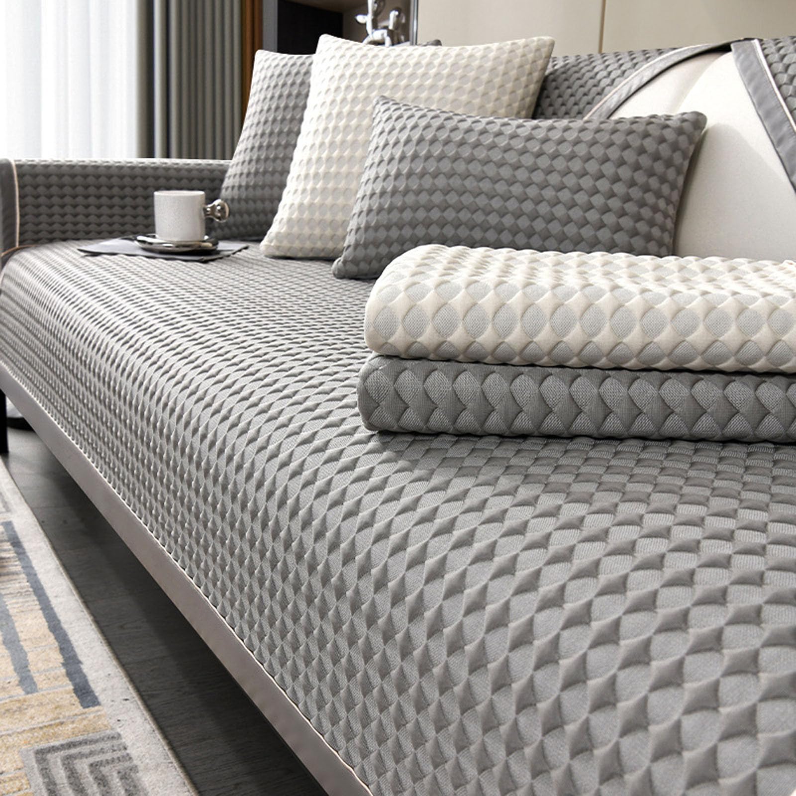 Generisch Kühlende Sofabezug,Couch Überzug Sofaläufer Sofaschoner rutschfest Dekorativer Überwurf Kissenschutz für Wohnzimmer Sofadecken für Sitzfläche,Grey,110x210cm