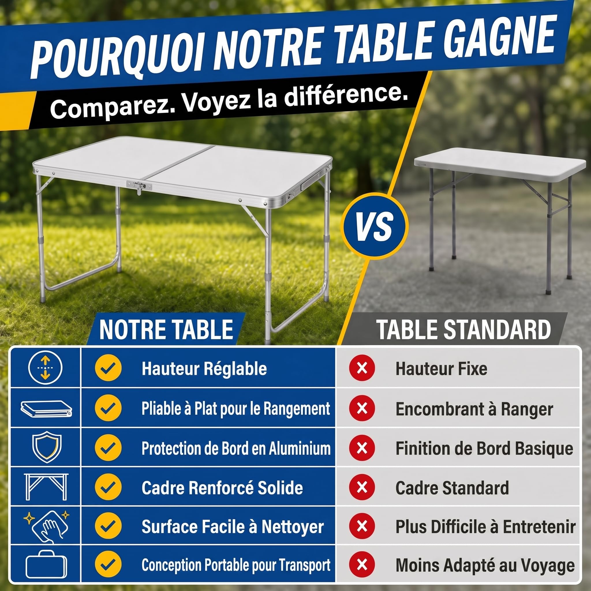 Table Pliante multifonctionnelle Table de Camping Table Pliante Table de marché Table à tapisser réglable en Hauteur Table d'appoint pour Camping dans Le Jardin pour Festivals, marchés et Plus (Blanc