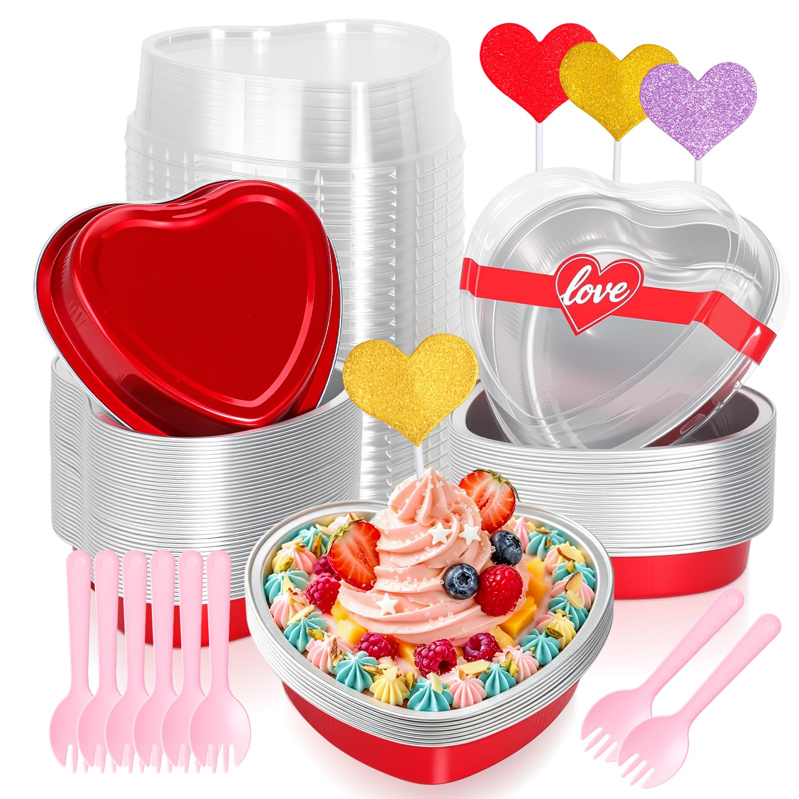 Lot de 25 mini moules à gâteau jetables en aluminium en forme de cœur avec couvercles, moules à muffins, moules à muffins, cupcakes - Rouge