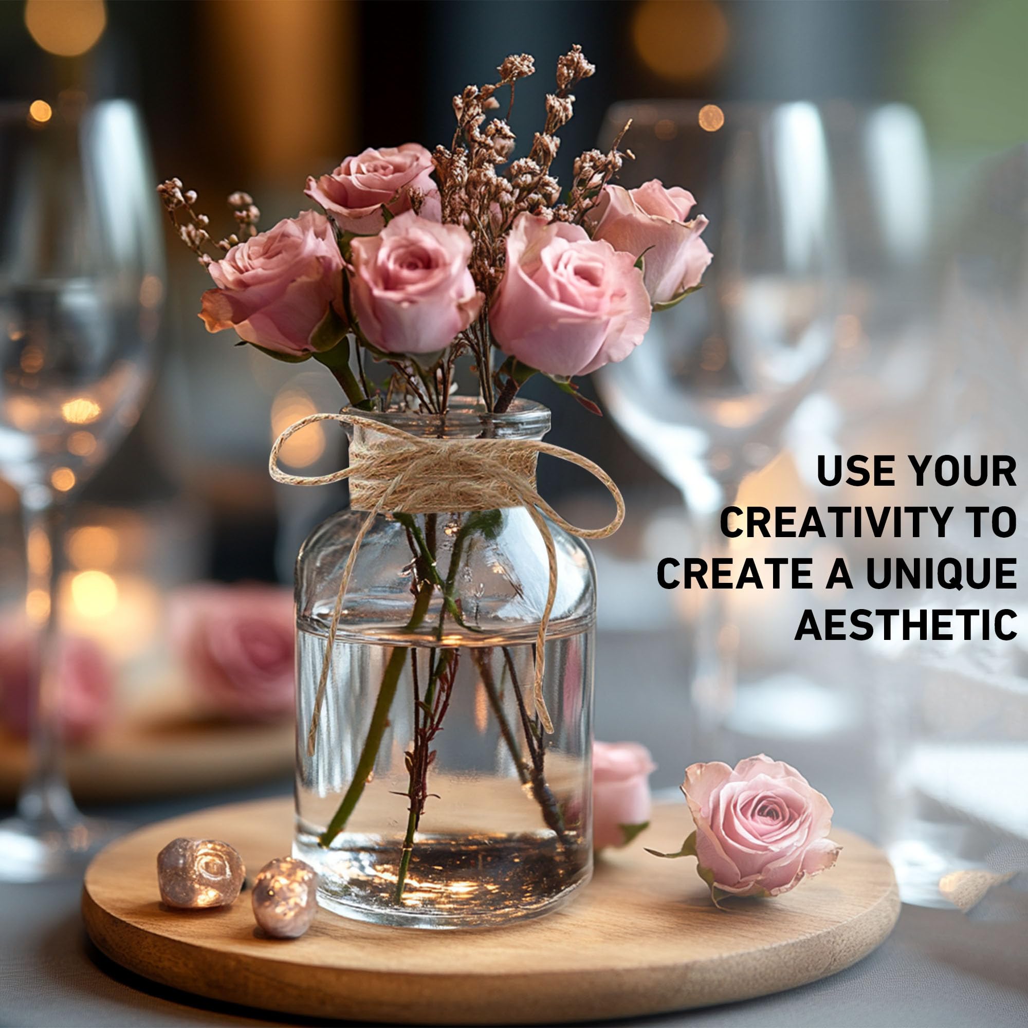 12 Stück kleine Vasen für Tischdeko 125ml Mini Glasvasen Set mit Juteschnur Vintage Design Exquisit Transparent Blumenvasen für Tischdeko Zuhause Hochzeiten Geburtstage Feste - 4