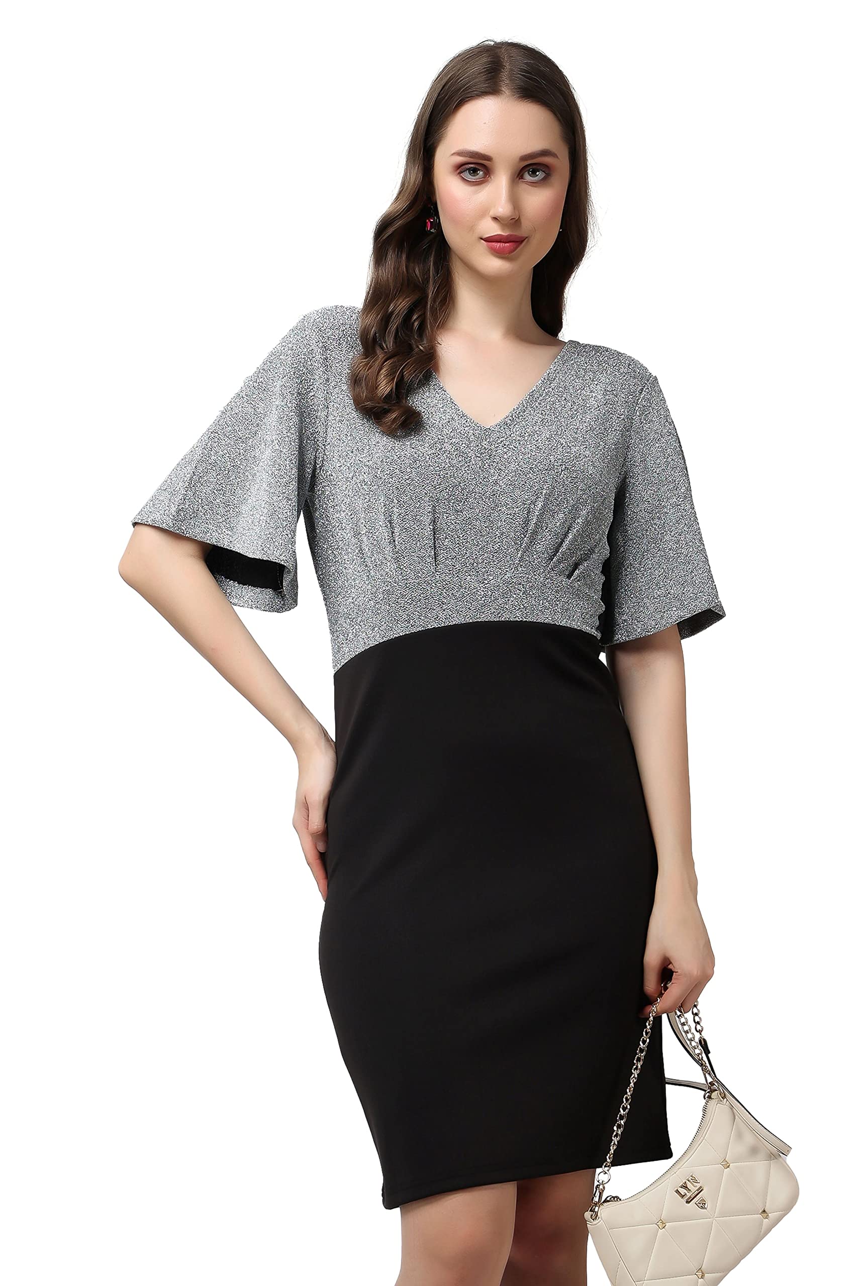 Popwings Casual Black And Grey Shimmer Solid Half Sleeves V-Neck Bodycon Dress For Women || Knee-Length Women Bodycon Dress For Concert Parties