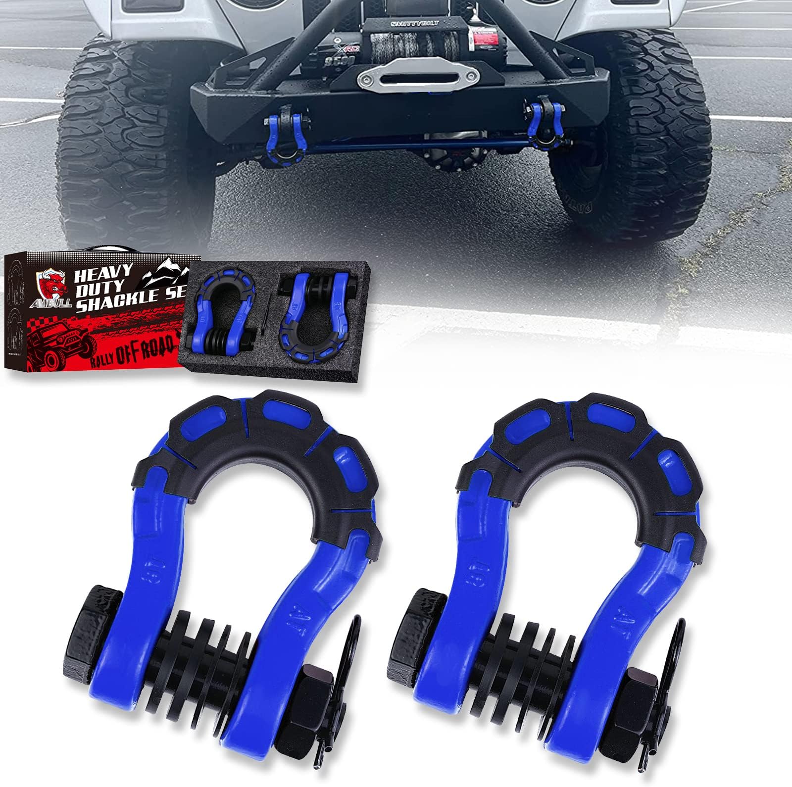 Shackles Upgrade 3/4" D Ring Shackle (2 Pack) 70,000 lbs Break Strength with 7/8" Pin, Isolator and Washer Kits for Use with Tow Strap, Winch, Off-Road Truck Vehicle Recovery, Blue