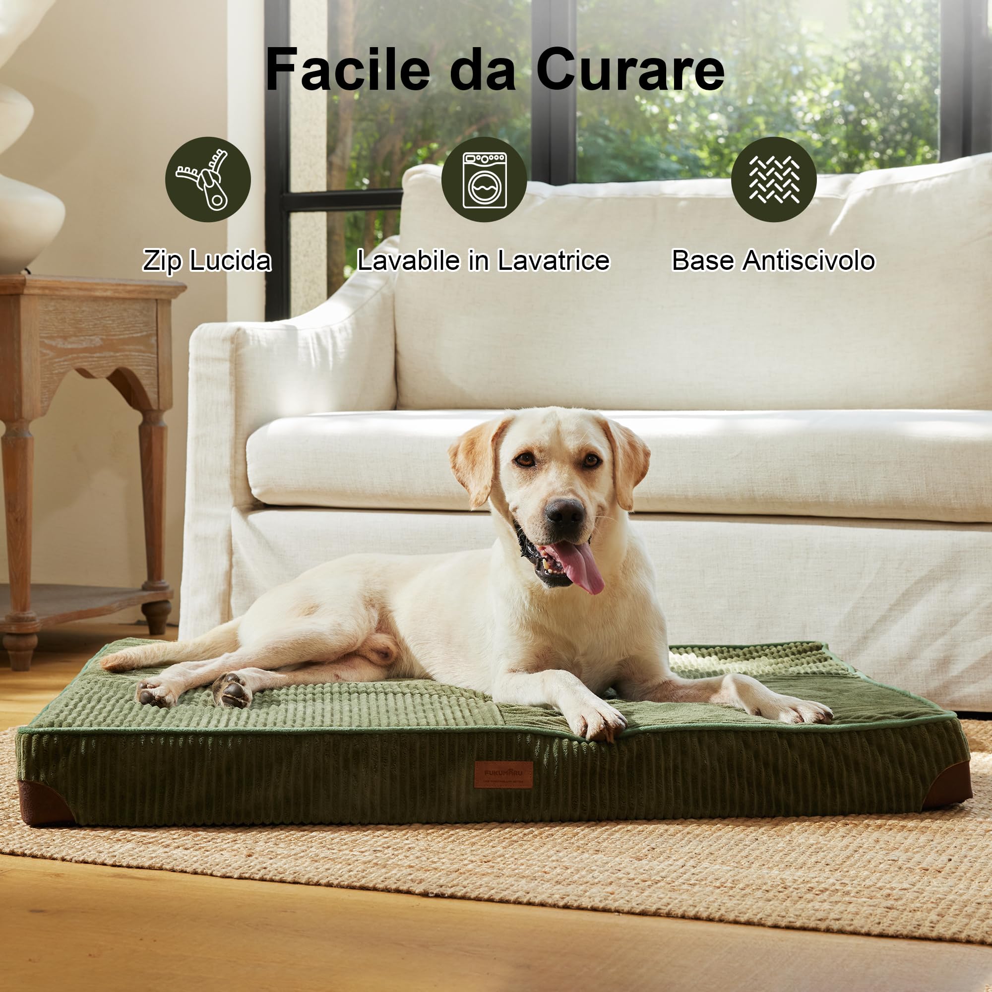 FUKUMARU Letto per Cani, Letto Ortopedico in Velluto a Coste Morbido con Rivestimento Lavabile, Impermeabile e Sfoderabile, Materassino Cane Confortevole con Base Antiscivolo, Verde